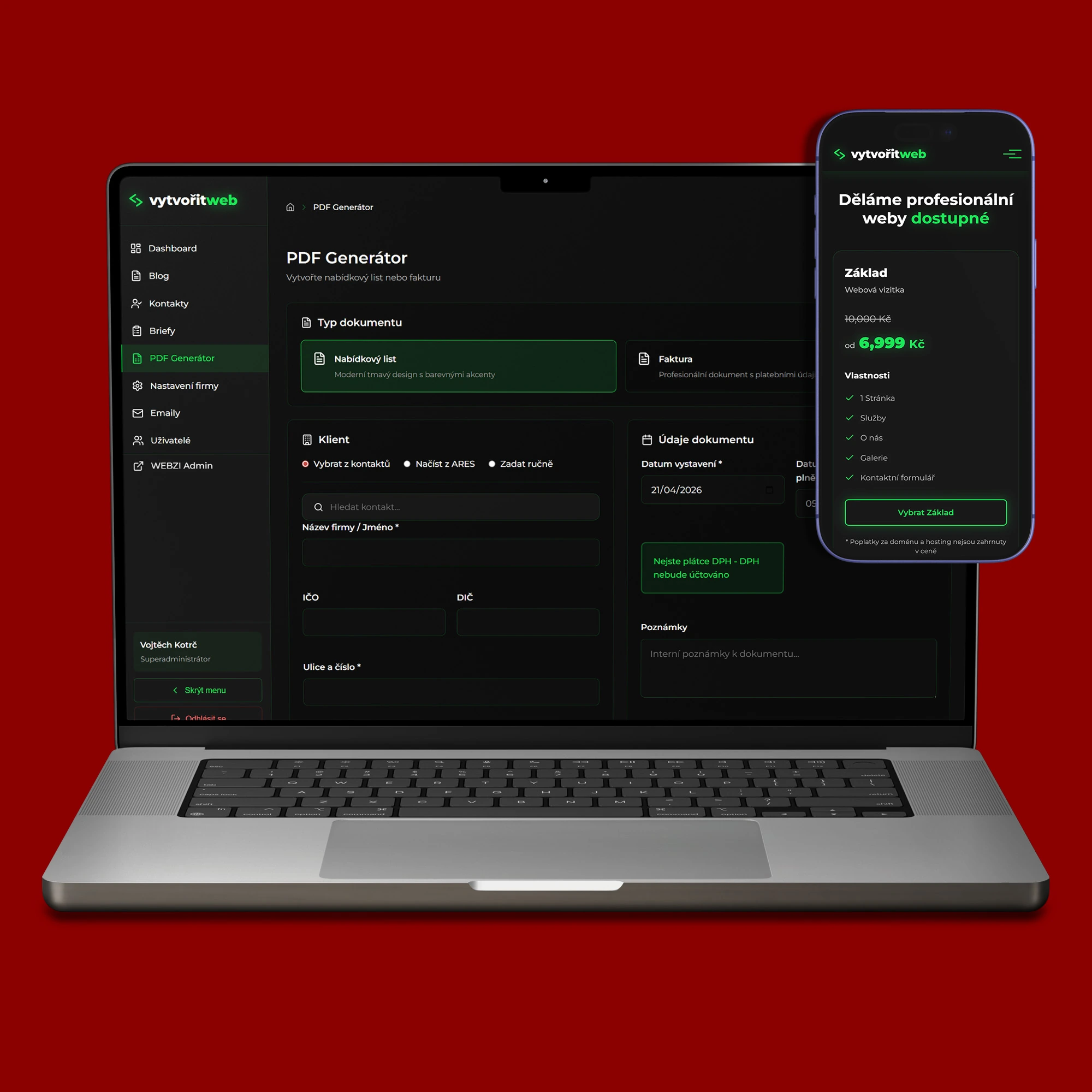 Náhled webu vytvorit-web.cz s čistou prezentací služeb a propojením na administraci WEBZI ADMIN s CRM modulem