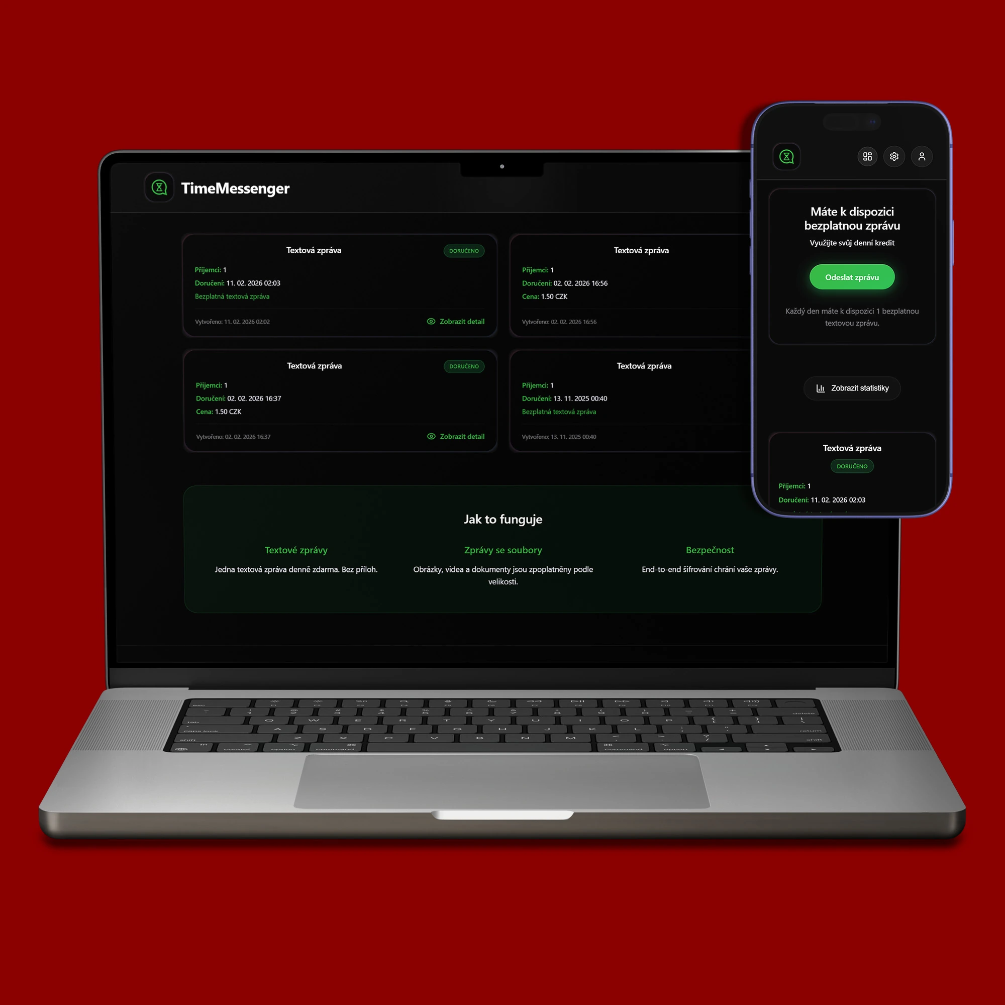 Náhled webové aplikace TimeMessenger® se službou pro šifrované textové a video vzkazy do budoucnosti
