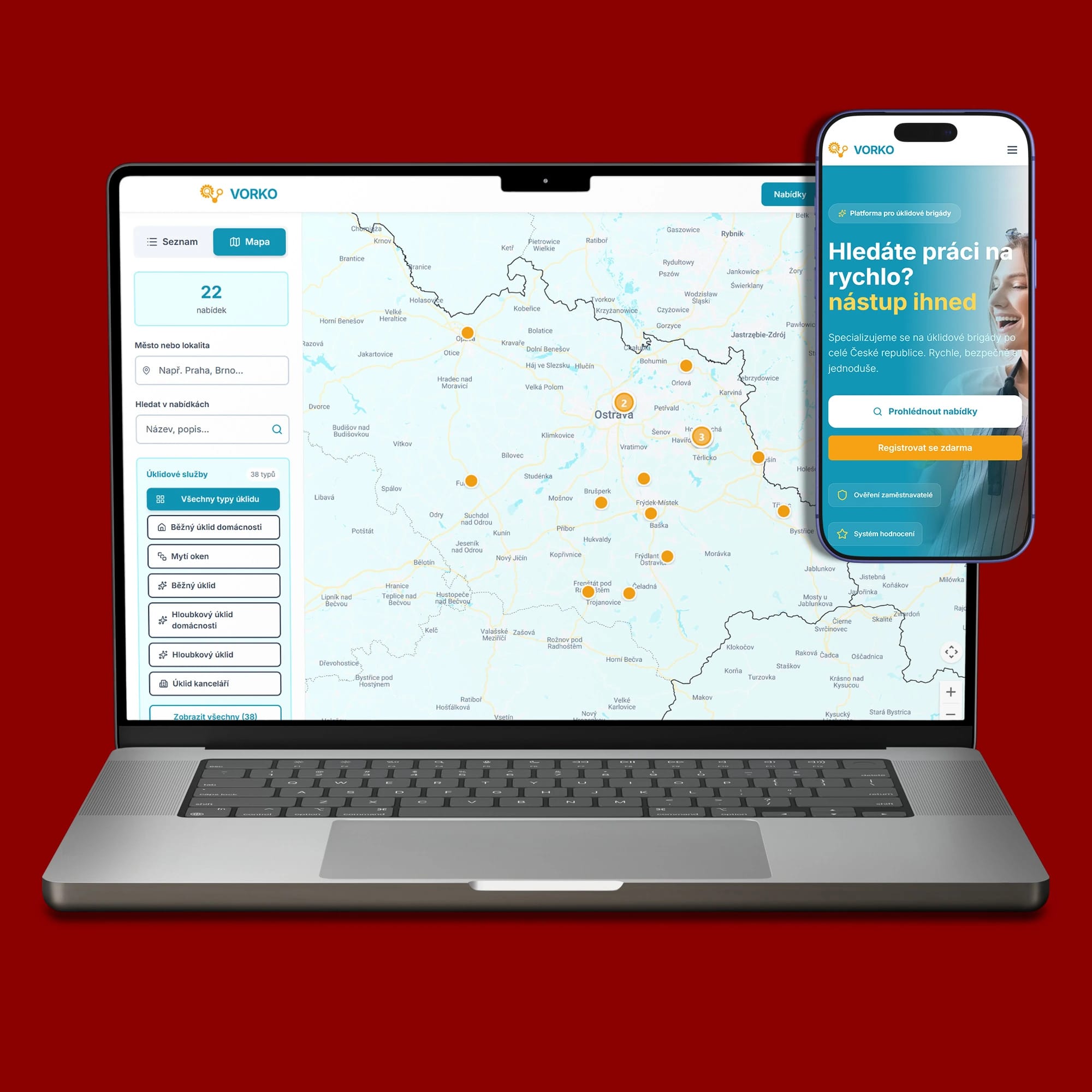 Náhled platformy VORKO s přehledem úklidových brigád a čistě navrženým rozhraním pro rychlé vyhledávání