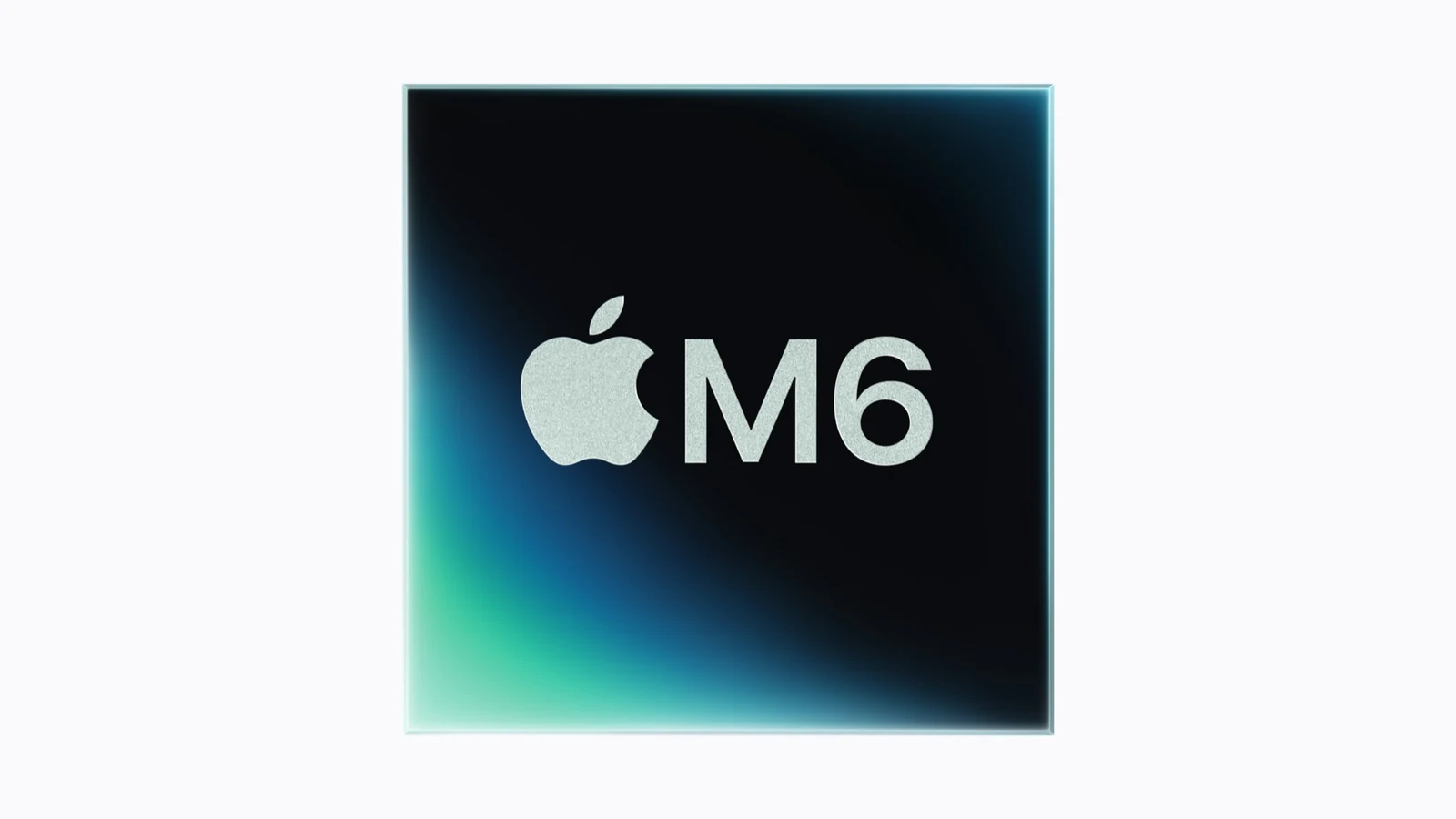 Čip Apple M6: černý čtverec s logem Apple a nápisem M6, v levém dolním rohu tyrkysový přechod