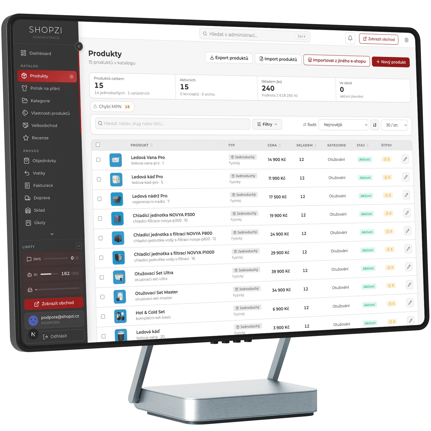 Administrace platformy SHOPZI na monitoru: přehled produktů, skladem, ceny a import z jiného e-shopu