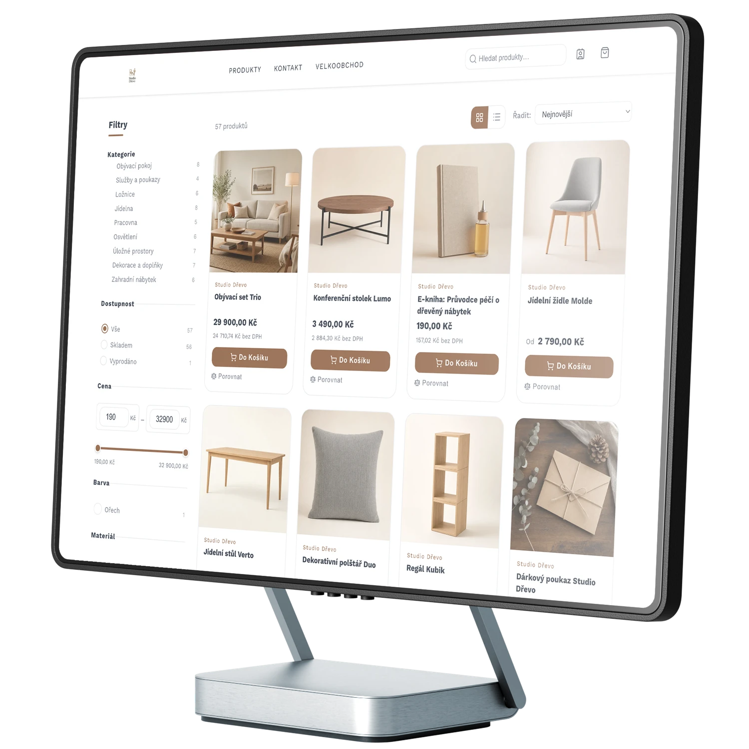 Ukázkový e-shop s nábytkem na platformě SHOPZI od WEBZI na monitoru: výpis produktů s filtry a cenami