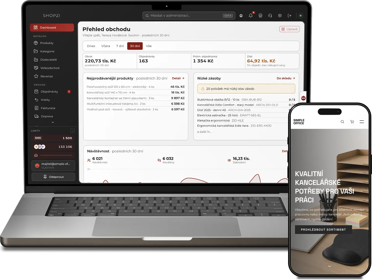 Platforma SHOPZI od WEBZI: přehled obchodu s obratem, objednávkami a nejprodávanějšími produkty na MacBooku a e-shop na mobilu