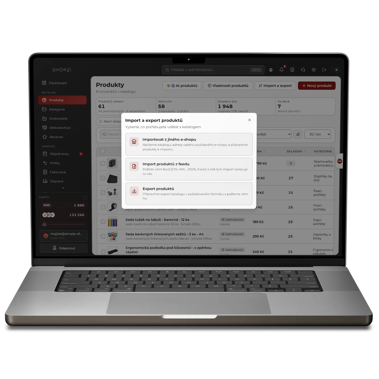 Import a export produktů v administraci SHOPZI na MacBooku