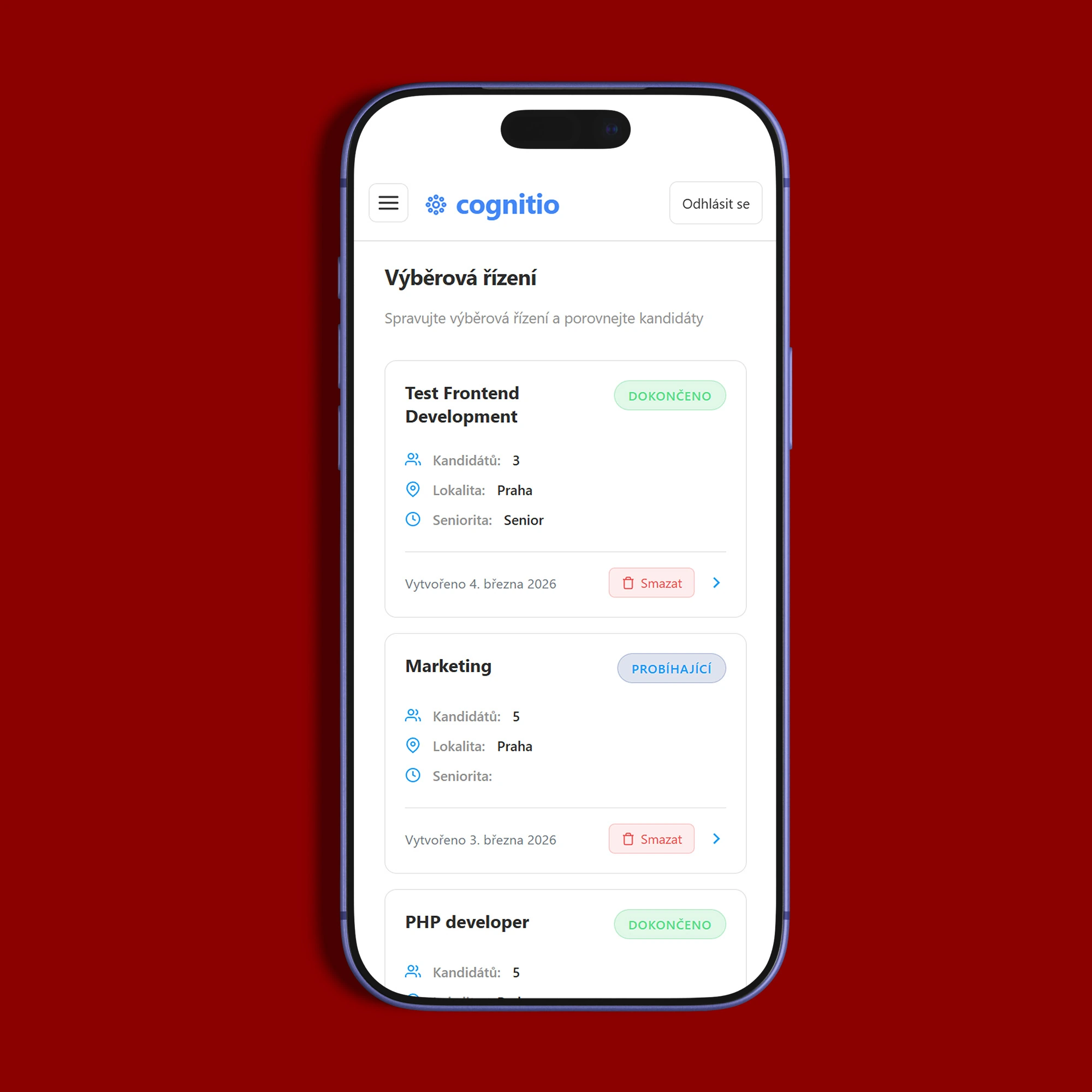Mobilní verze aplikace Cognitio na telefonu s přehledem kandidátů a stavů ve výběrovém řízení