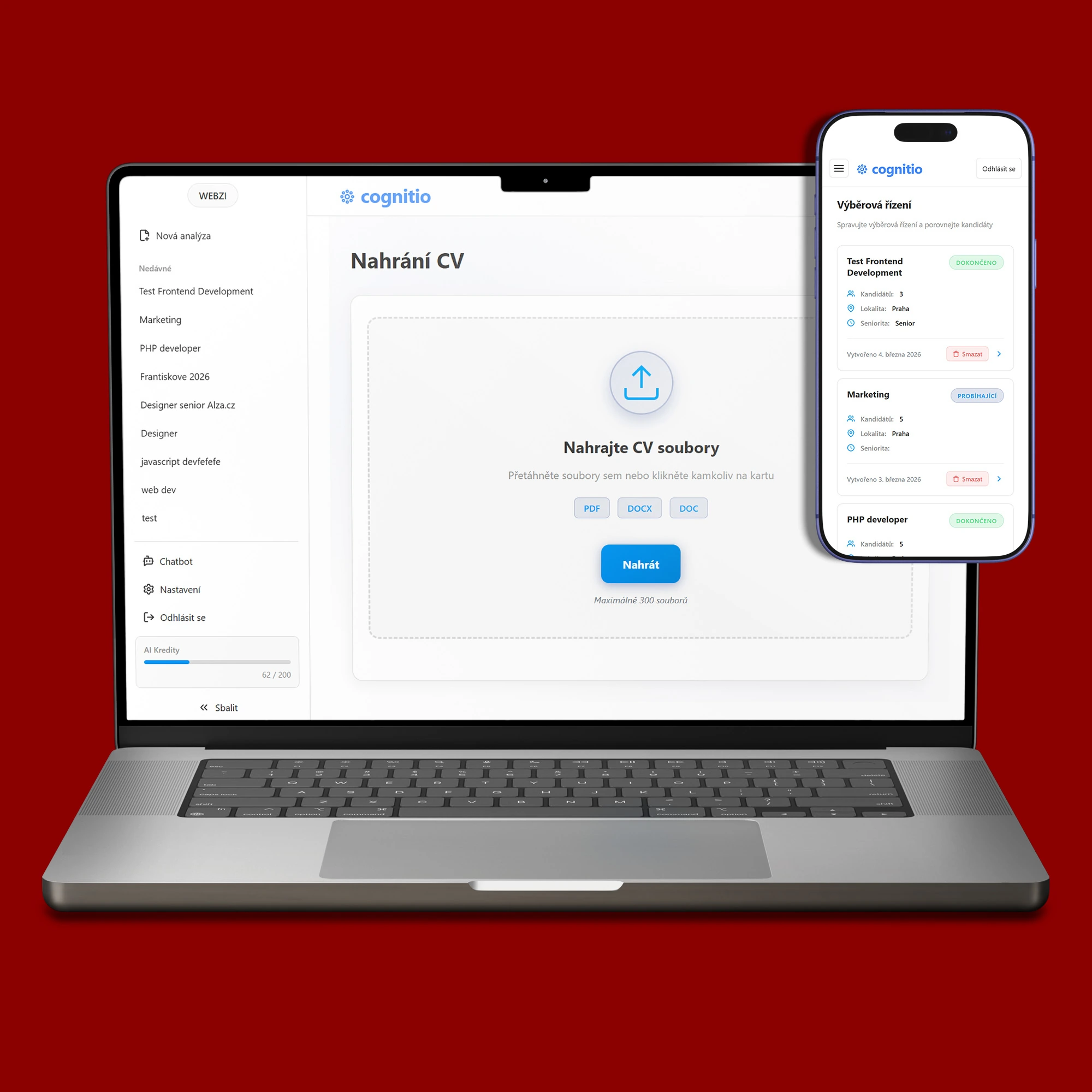 Náhled aplikace Cognitio s přehledem náborového procesu, správou kandidátů a AI porovnáním životopisů