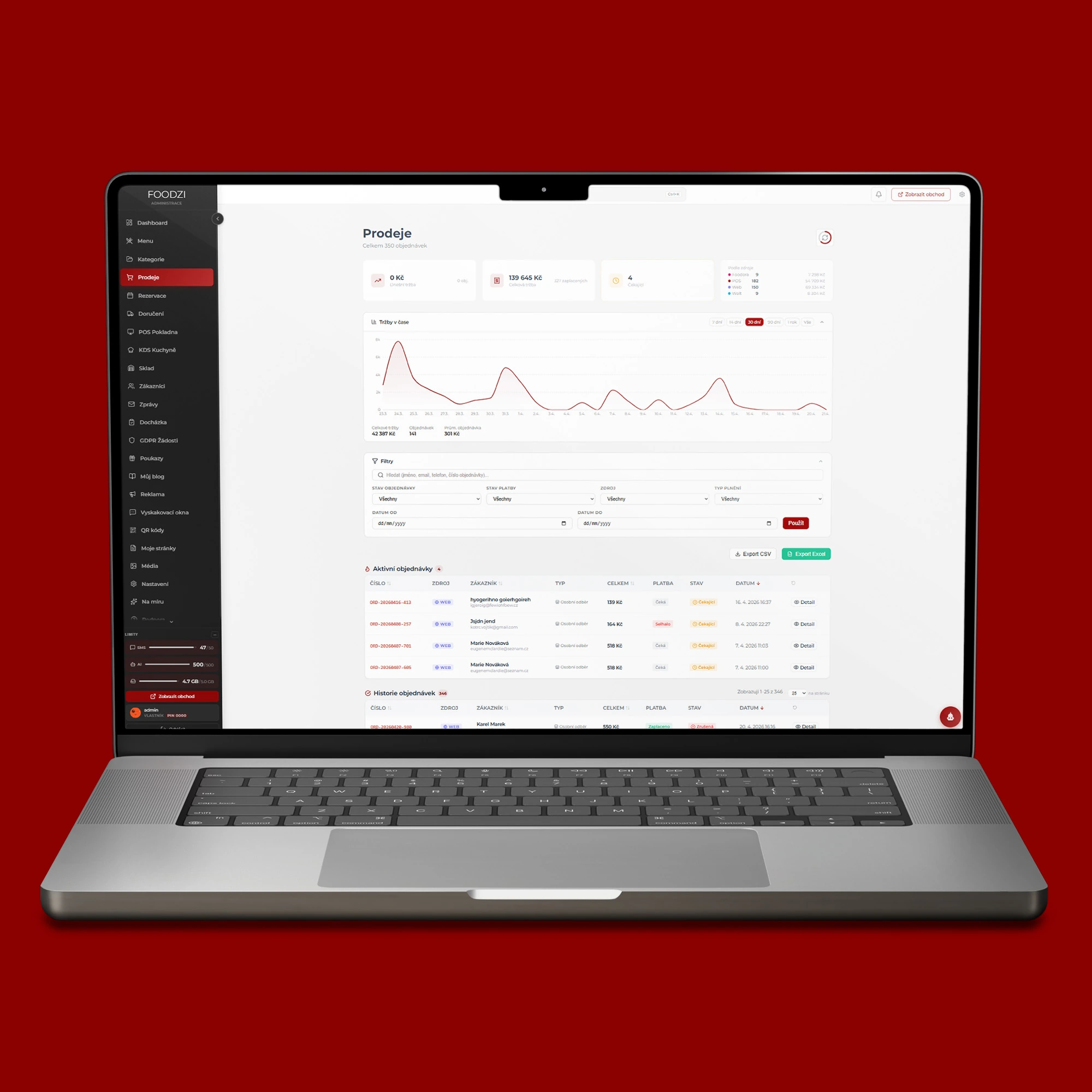 Administrace systému FOODZI zobrazená na notebooku MacBook s přehledem objednávek a provozních modulů