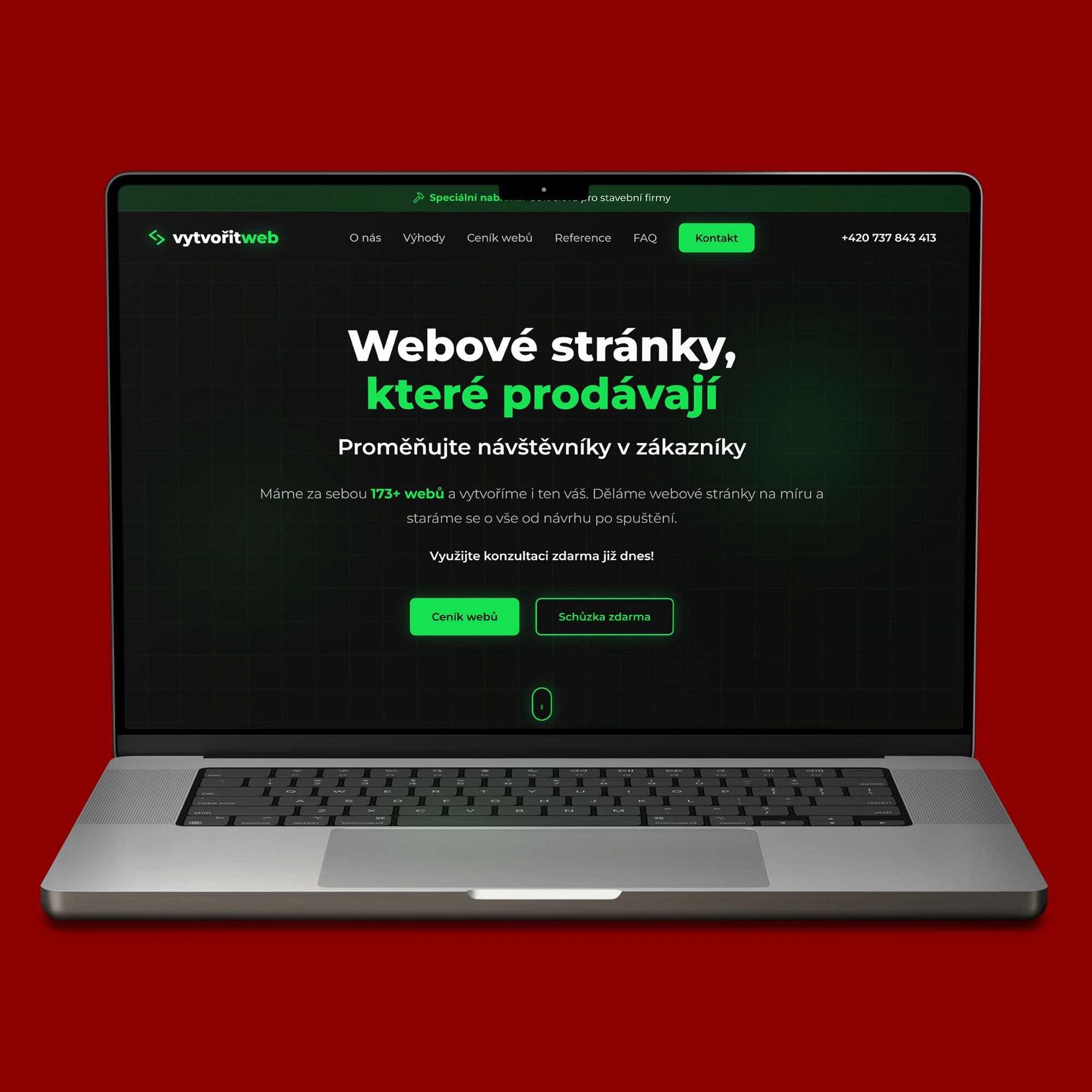 Prezentační web vytvorit-web.cz zobrazený na notebooku MacBook včetně hlavních sekcí nabídky a sběru poptávek
