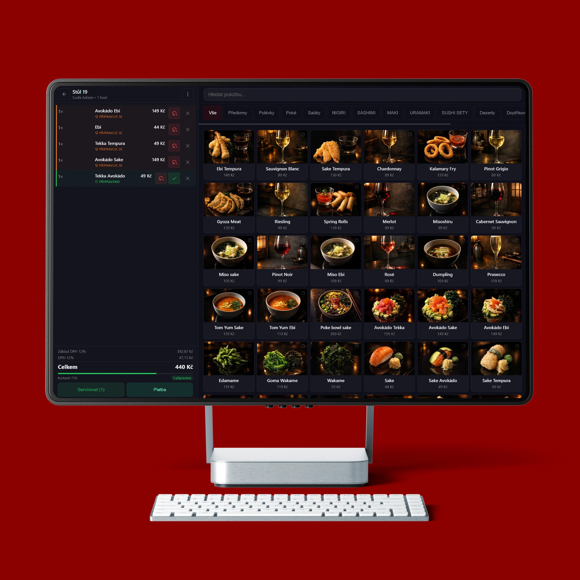 Rozhraní platformy FOODZI na monitoru desktopu s e-shopem, POS pokladnou a správou provozu
