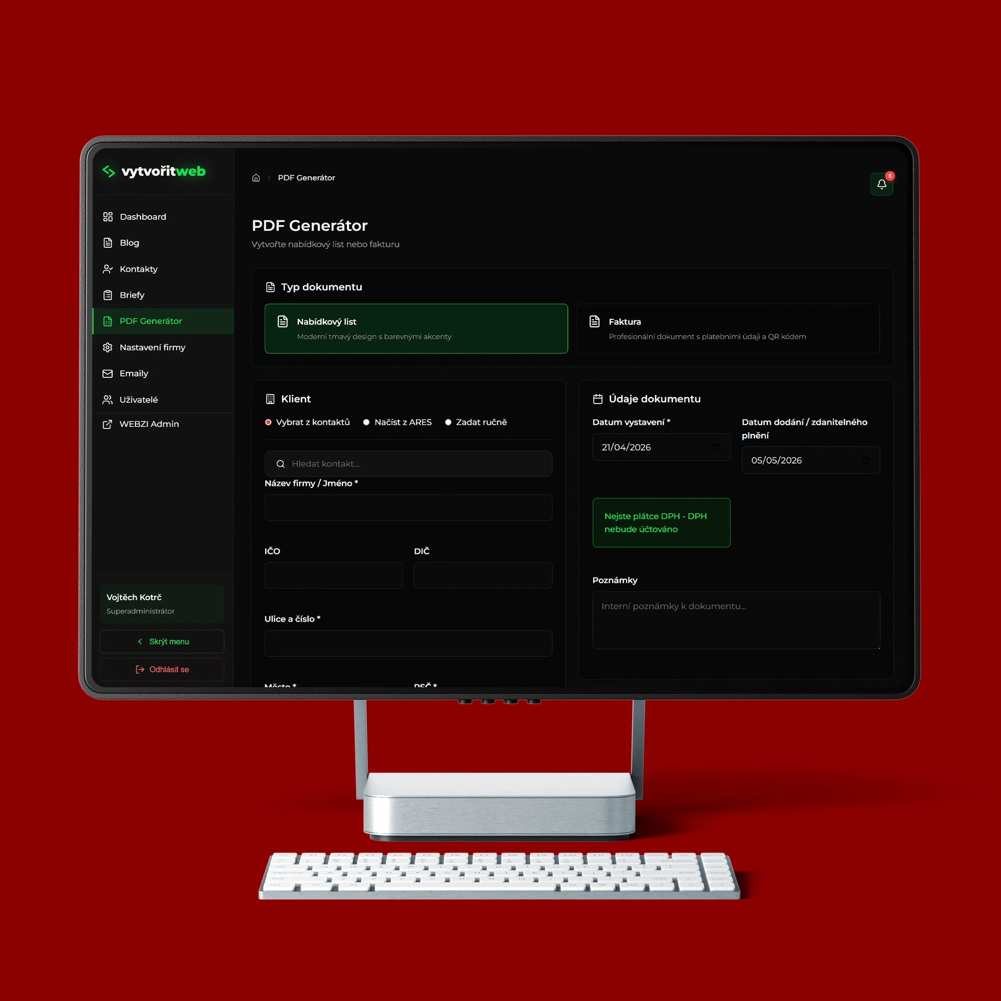 Web a CRM administrace projektu vytvorit-web.cz na monitoru desktopu s přehledem leadů a správou kontaktů