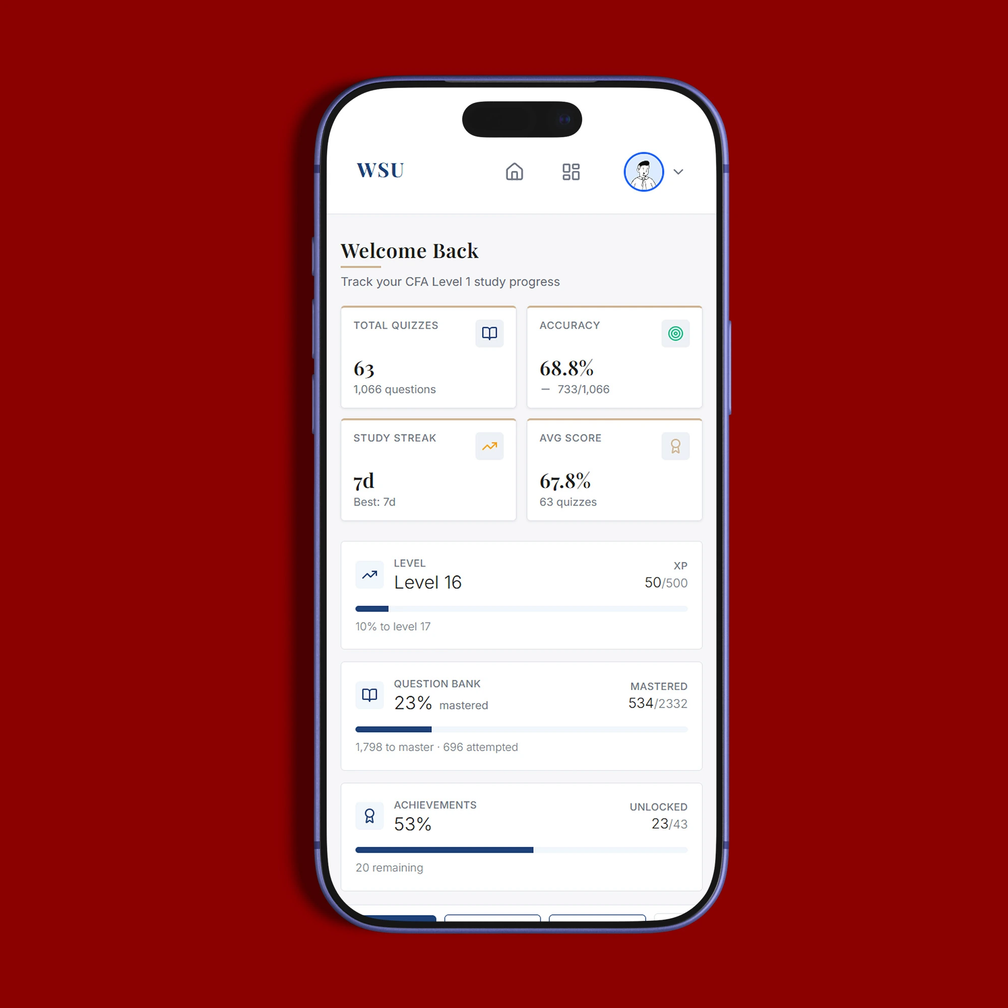 Mobilní verze platformy WSU na telefonu s přístupem ke studijním otázkám a testům