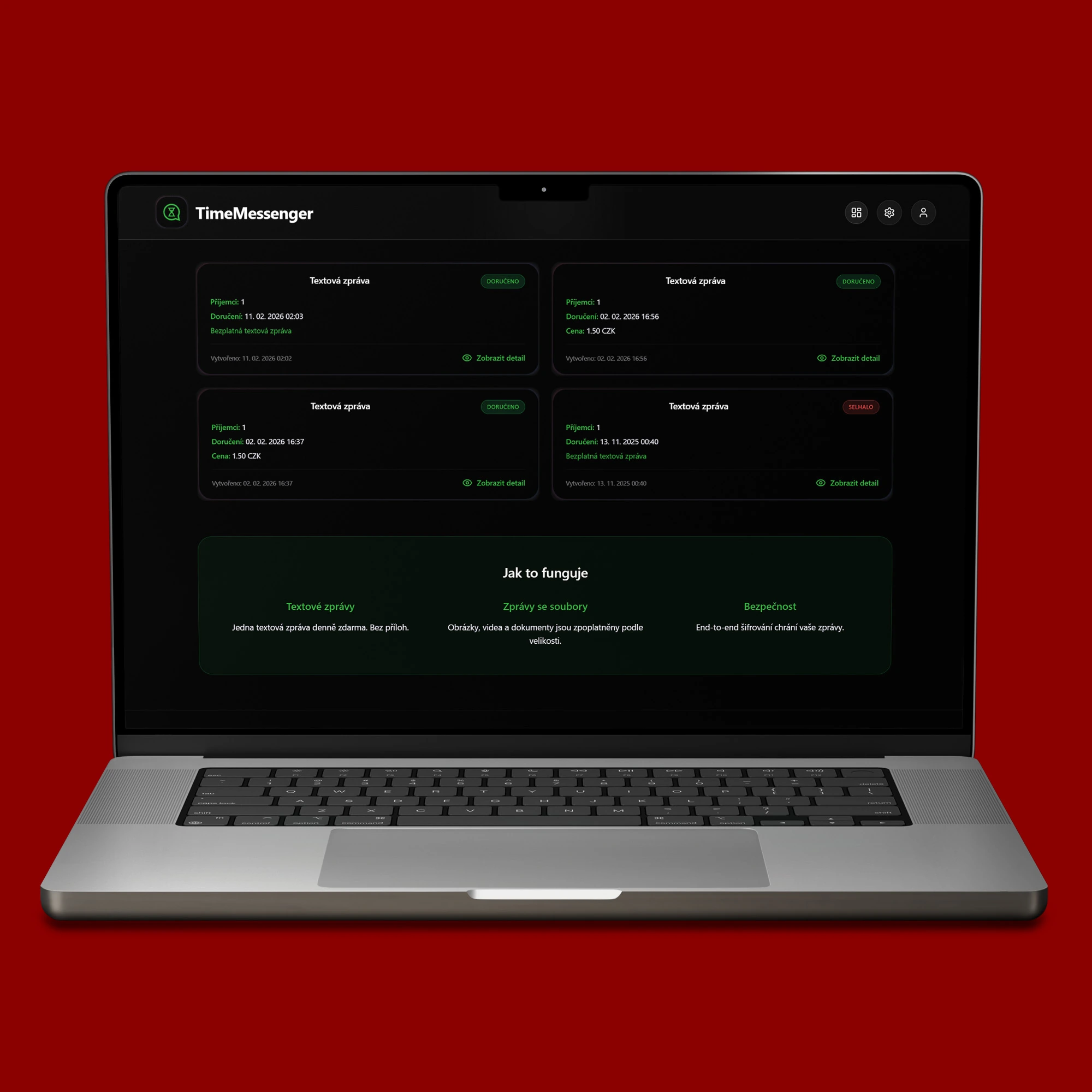 Rozhraní aplikace TimeMessenger® zobrazené na notebooku MacBook při vytváření vzkazu do budoucnosti