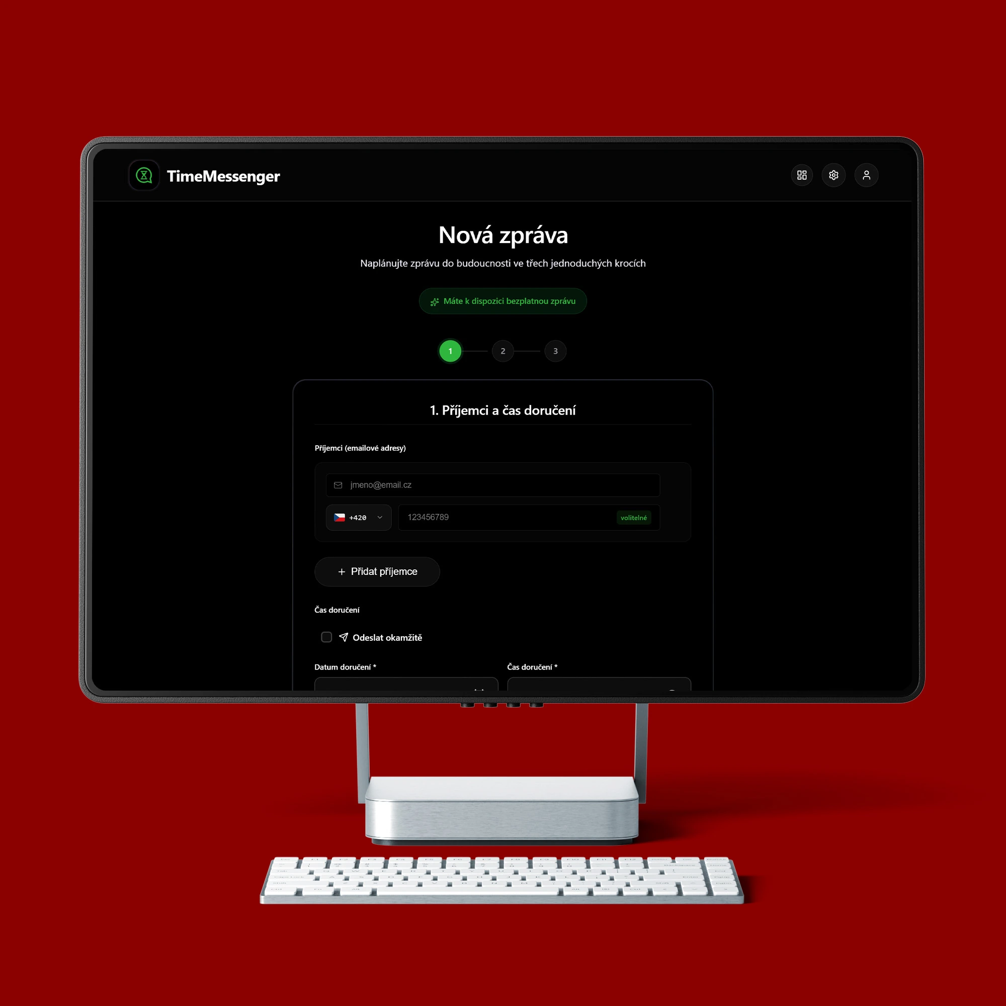 Platforma TimeMessenger® na monitoru stolního počítače s přehledným rozhraním pro správu budoucích vzkazů