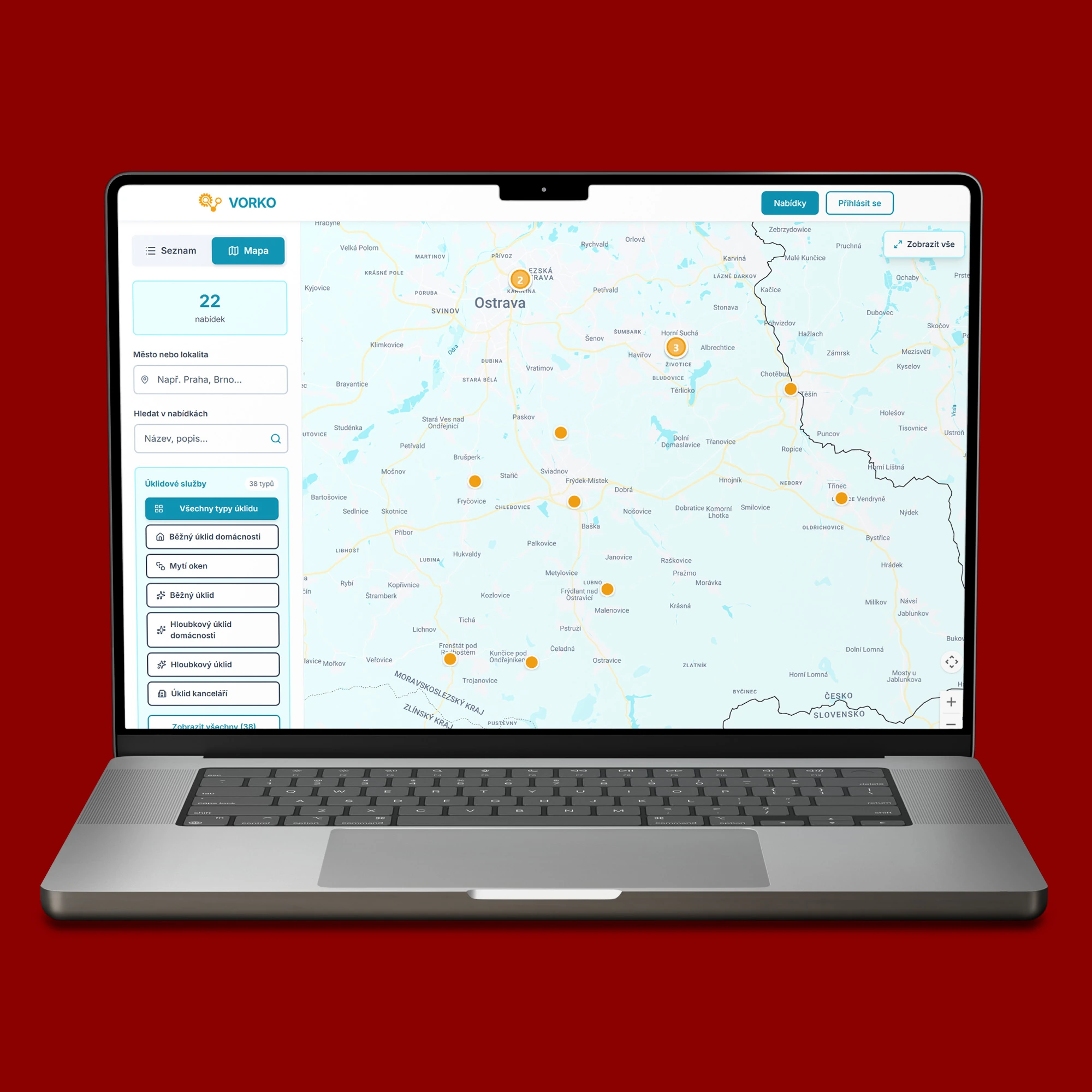 Platforma VORKO zobrazená na notebooku MacBook s přehledem pracovních nabídek a jednoduchou navigací