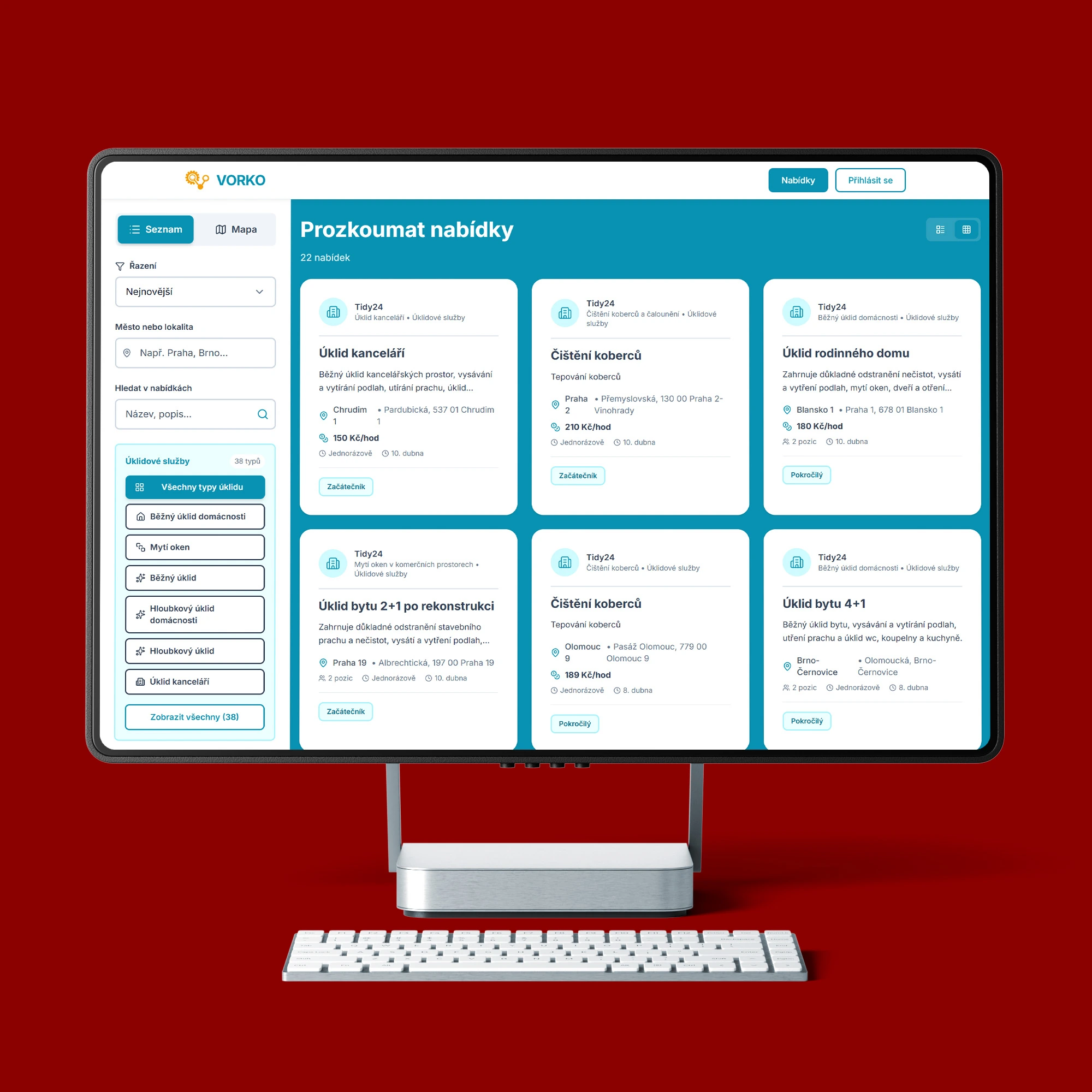 Hlavní obrazovka platformy VORKO na desktop monitoru s nabídkami úklidových brigád a filtrováním