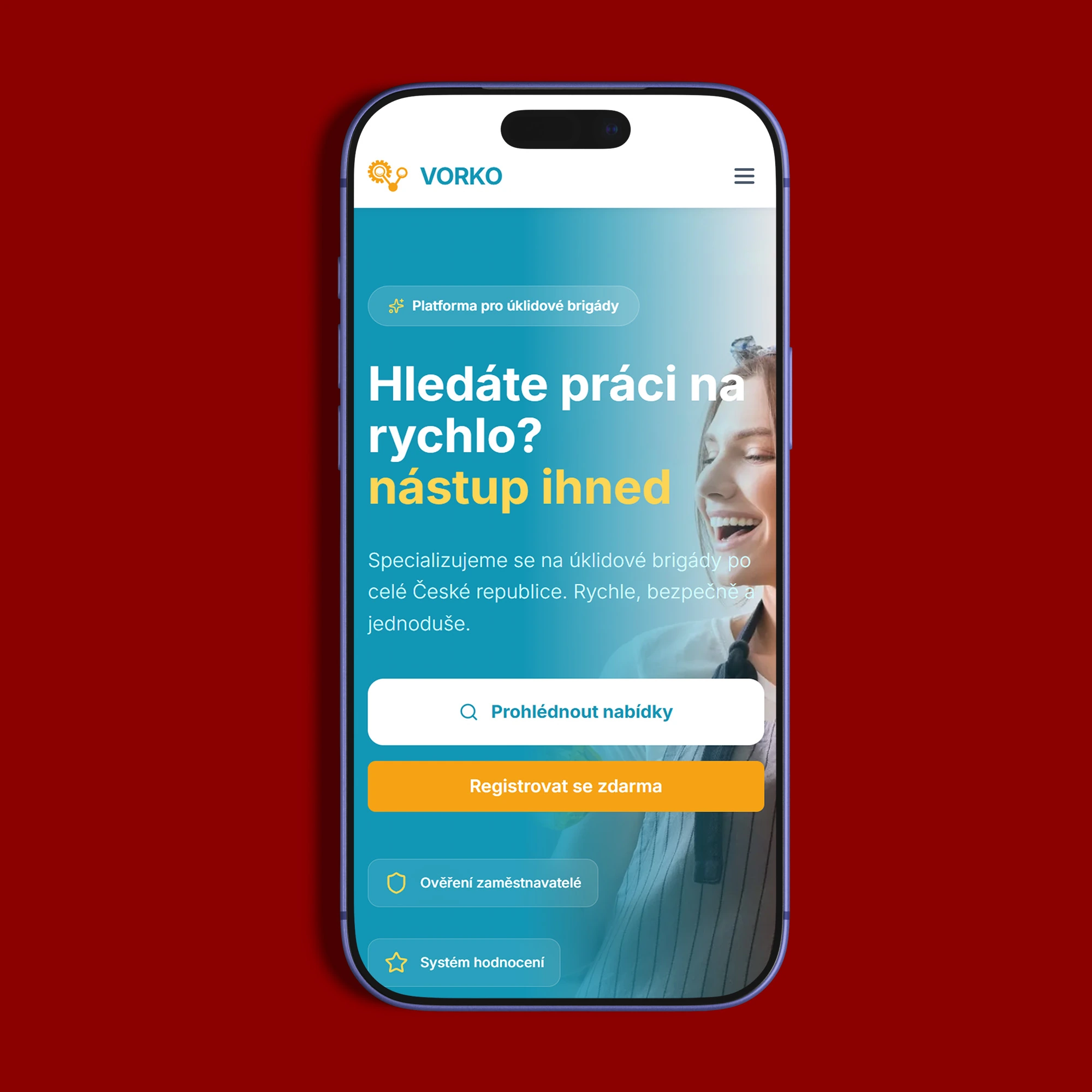 Mobilní verze platformy VORKO zobrazená na telefonu s přehledným listingem brigád a rychlou orientací