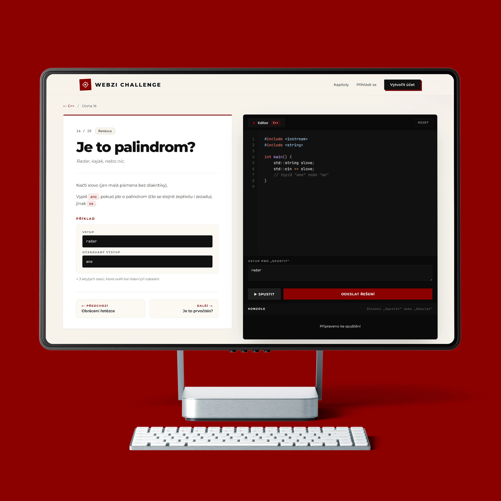 Webzi Challenge na desktop monitoru s katalogem kurzů a rozhraním pro procvičování programovacích úloh