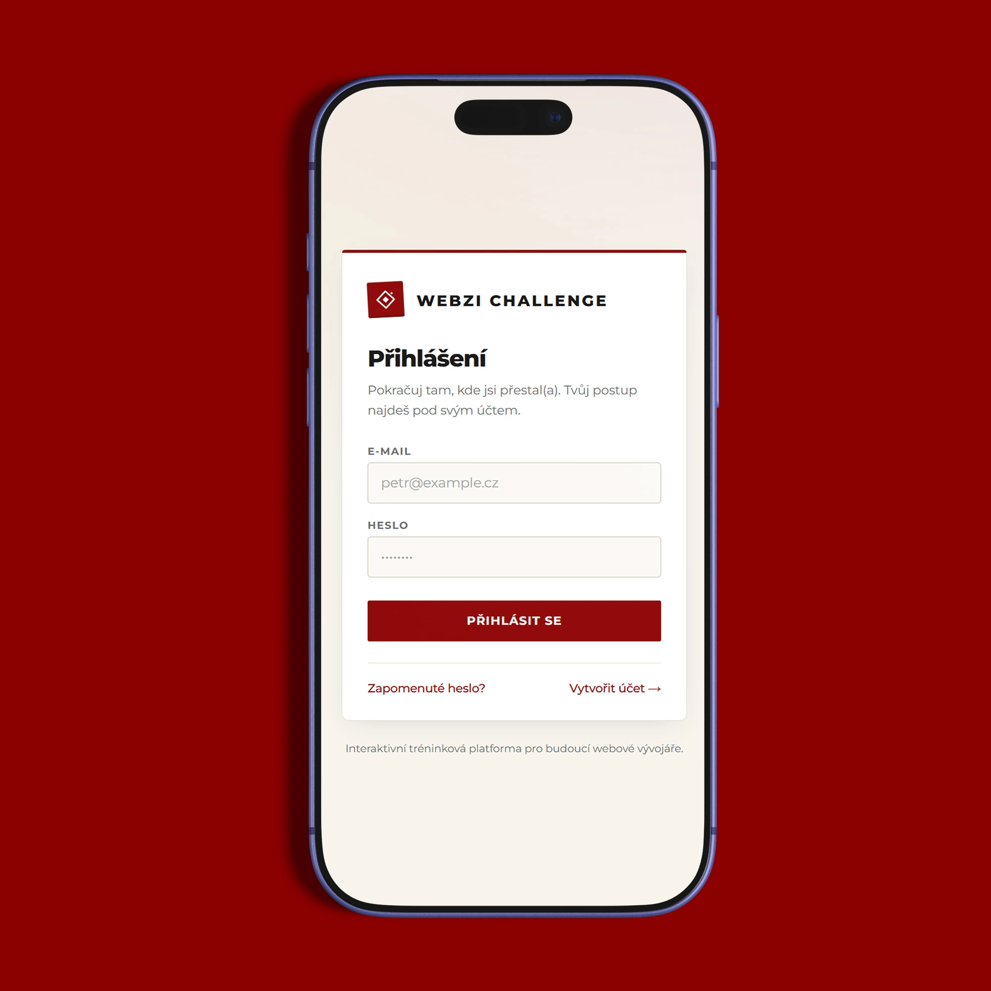 Mobilní verze platformy Webzi Challenge zobrazená na telefonu s přístupem ke katalogu kurzů