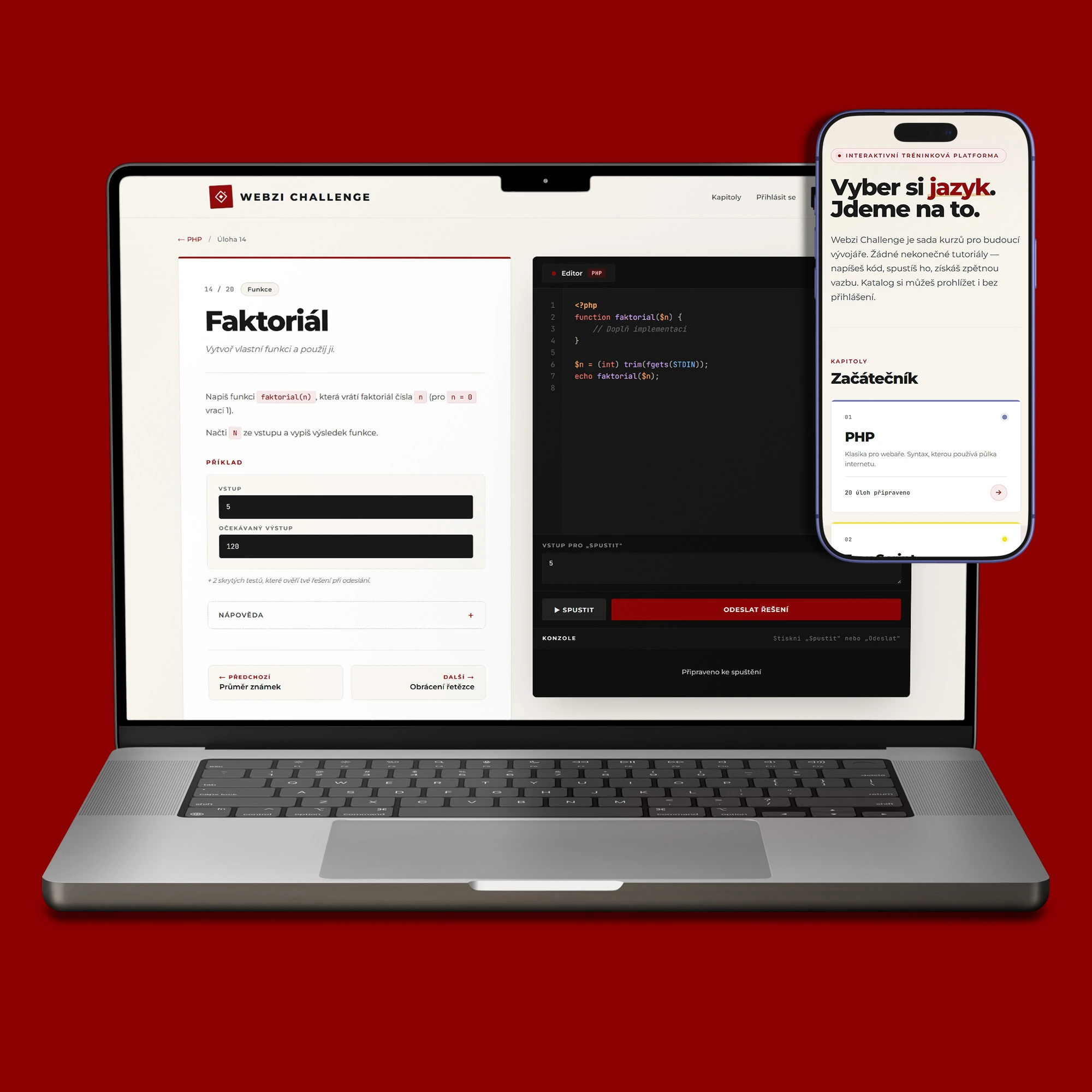 Náhled platformy Webzi Challenge s katalogem kurzů a přehledným rozhraním pro interaktivní výuku programování