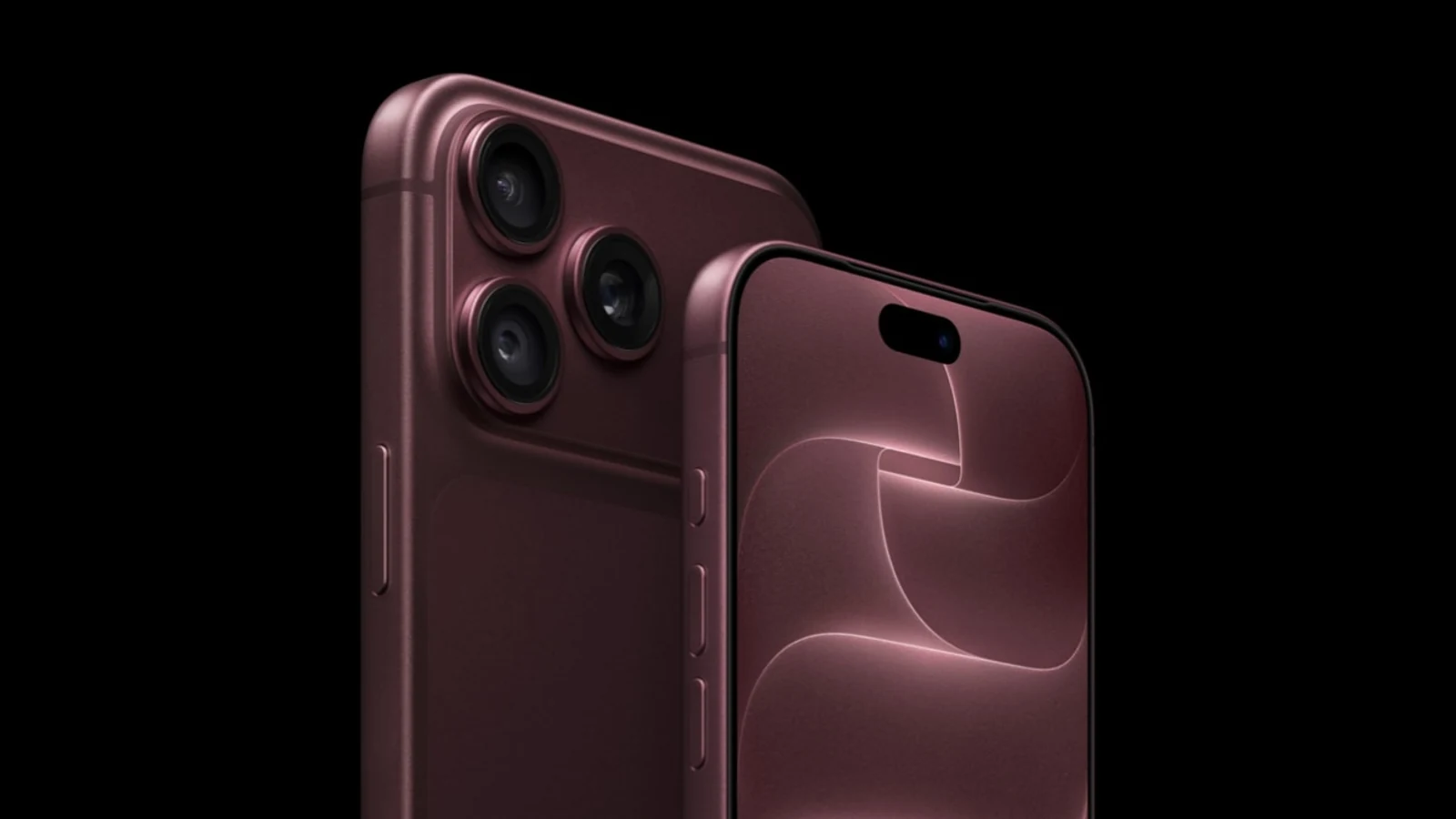 Dva iPhony 18 Pro v burgundsky červené barvě na černém pozadí, jeden zezadu s trojicí fotoaparátů, druhý zepředu s rozsvíceným displejem