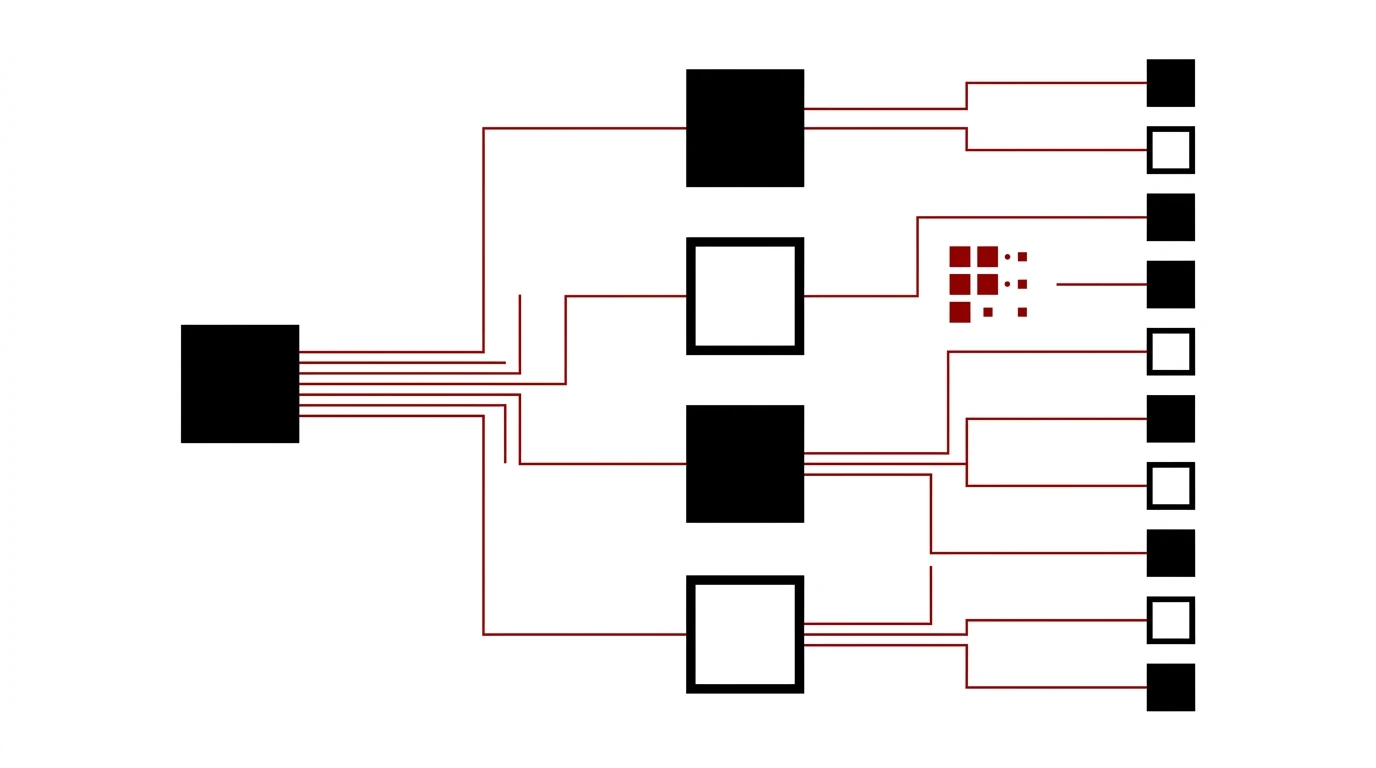 Abstraktní horizontální vizualizace stromové struktury sitemapy s kořenovým uzlem nalevo a větvícími se podstránkami napravo na bílém pozadí