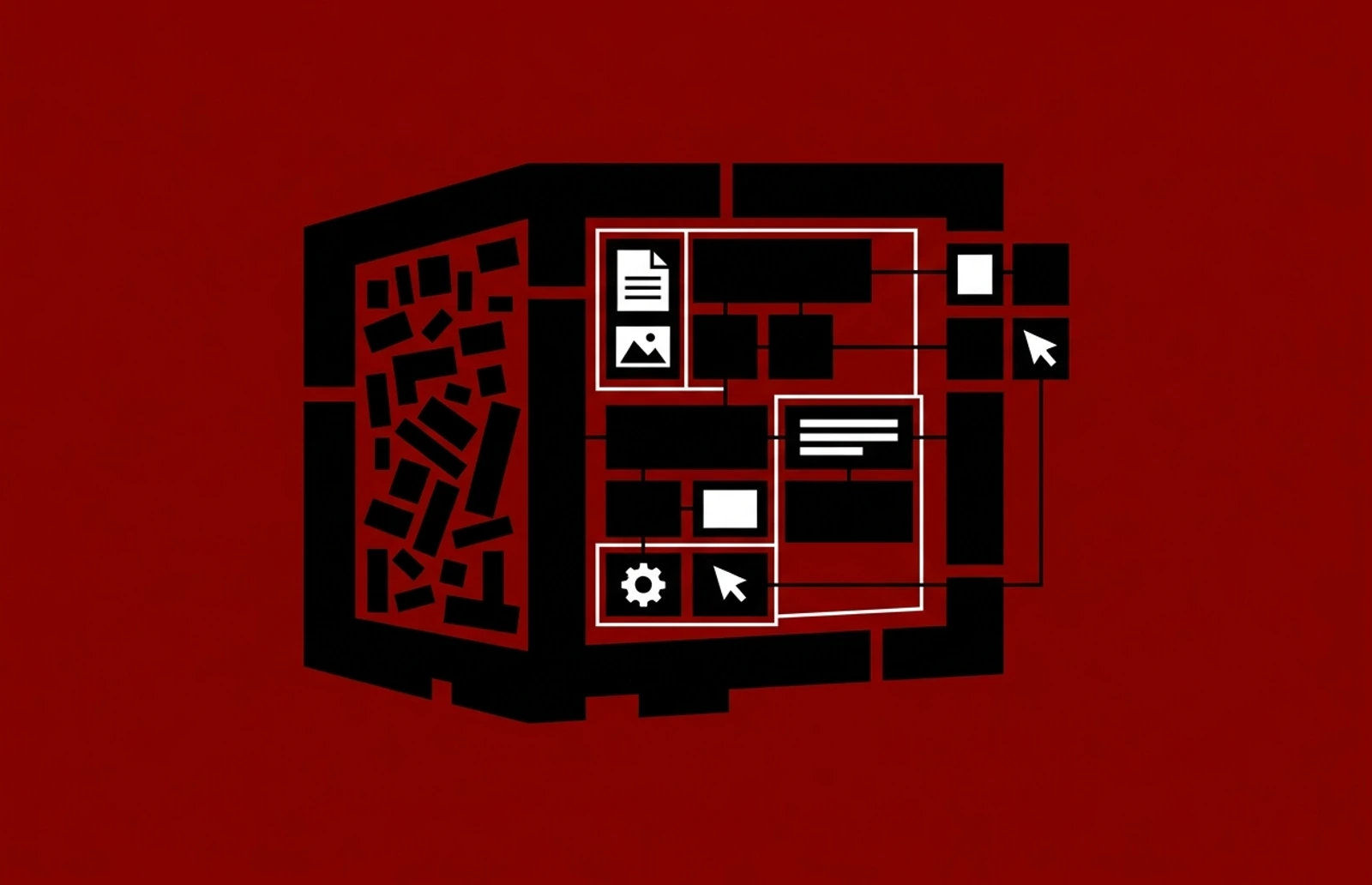 Stylizované schéma redakčního systému CMS jako centrální panel propojený s bloky obsahu a jednotlivými stránkami webu.