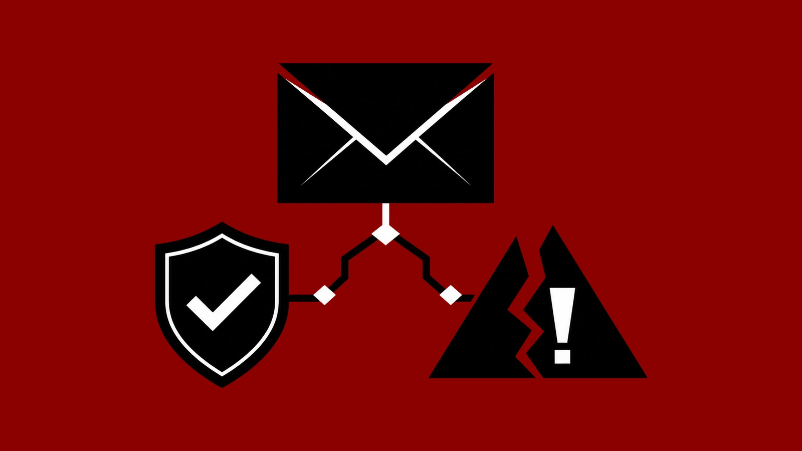Abstraktní obálka propojená se štítem a varovným symbolem pro rizika cold emailingu a reputaci domény