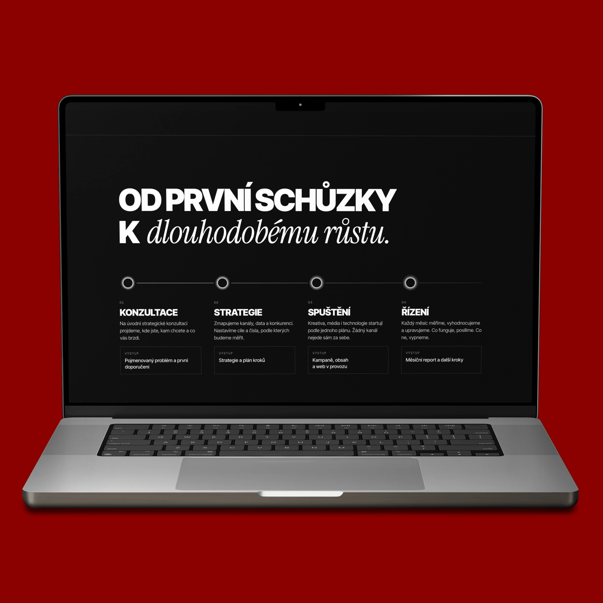 Proces spolupráce na webu AuraFarm na MacBooku: konzultace, strategie, spuštění a řízení
