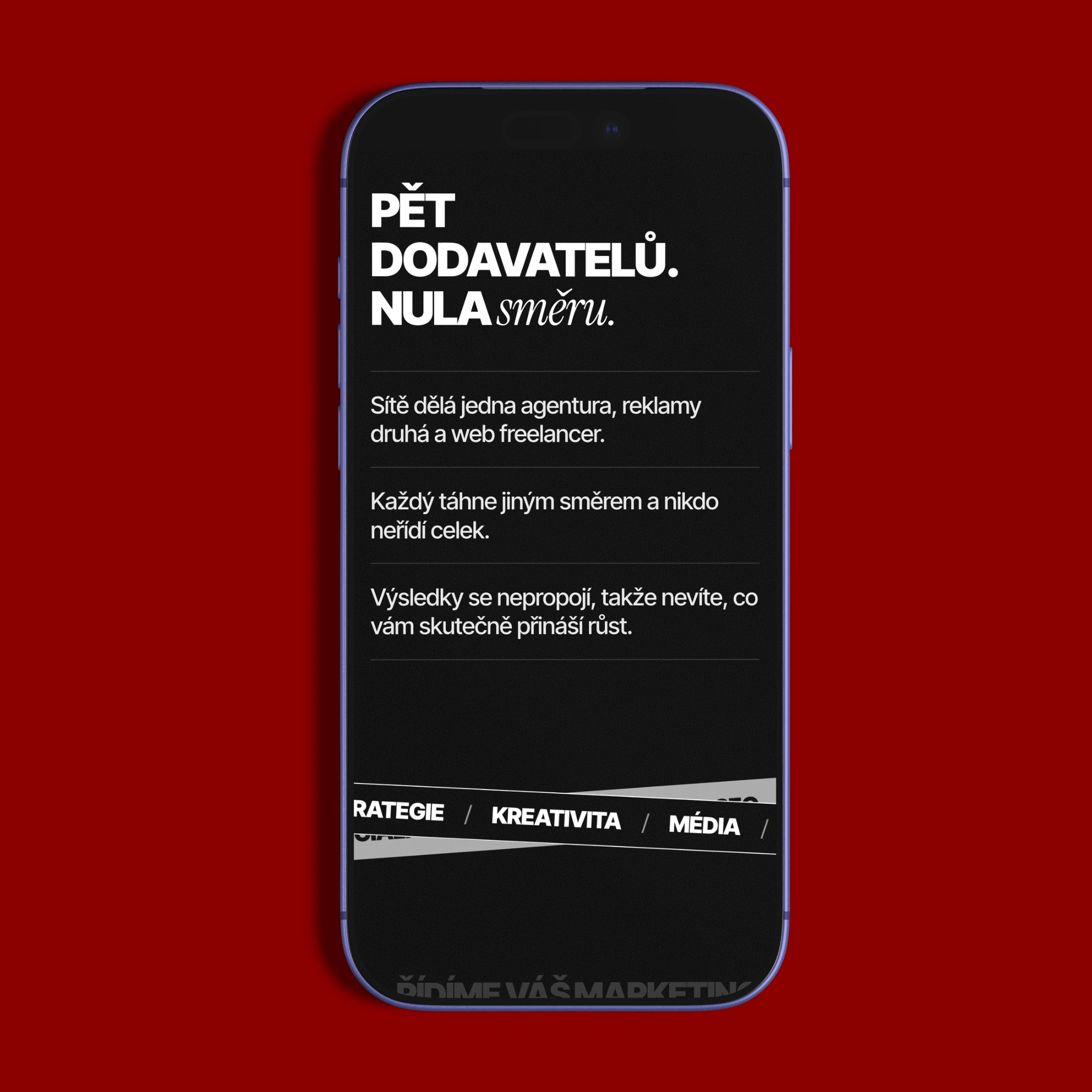 Mobilní verze webu AuraFarm na iPhonu se sekcí Pět dodavatelů, nula směru a pásky s názvy služeb