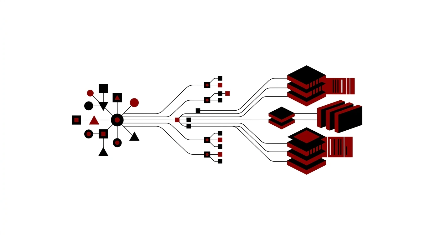 Abstraktní geometrická vizualizace sítě propojených webových stránek plynoucích do strukturovaných datových bloků na bílém pozadí
