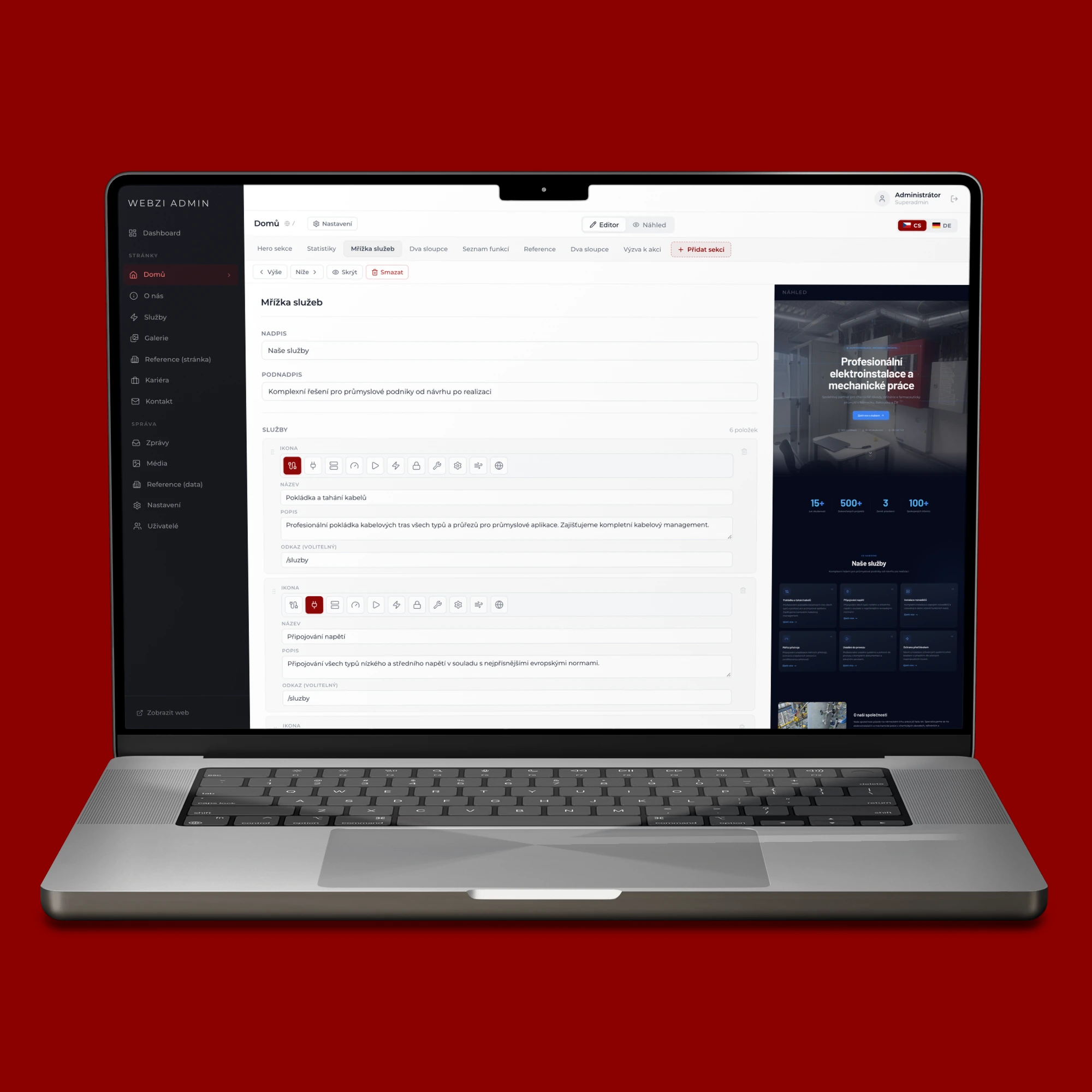 Administrace WEBZI ADMIN na MacBooku: editor sekce Mřížka služeb úvodní stránky s ikonami, názvy a popisy služeb a vedle živý náhled webu