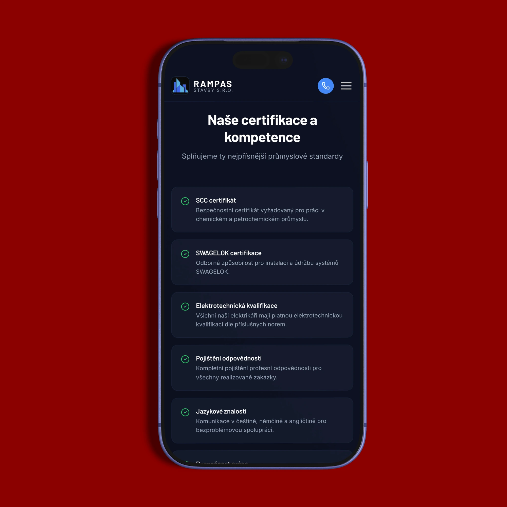 Mobilní verze webu Rampas - stavby na iPhonu se sekcí Naše certifikace a kompetence: SCC, SWAGELOK, elektrotechnická kvalifikace a pojištění odpovědnosti