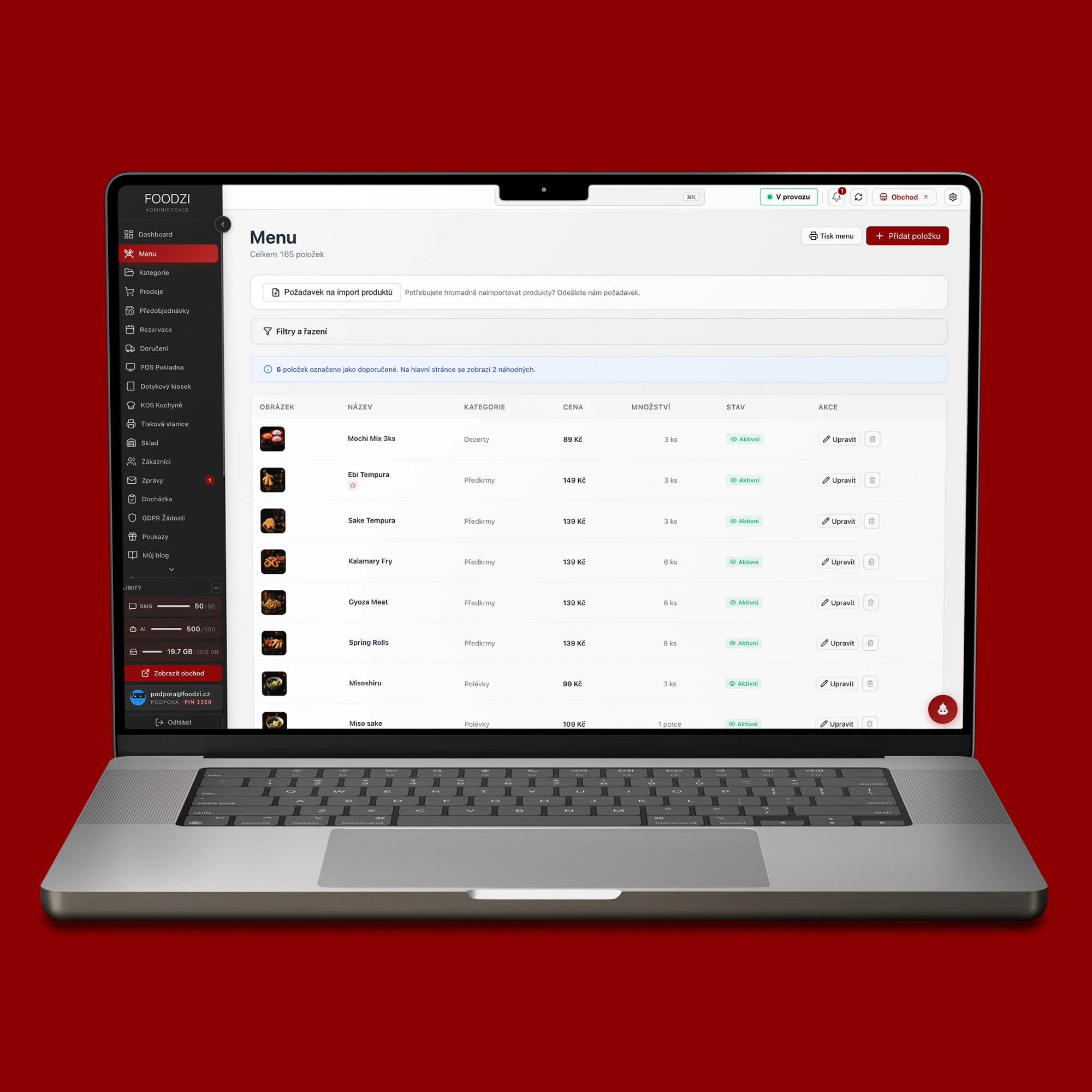 Administrace FOODZI pro restauraci SAKA SUSHI na notebooku MacBook se správou položek menu, cen a dostupnosti