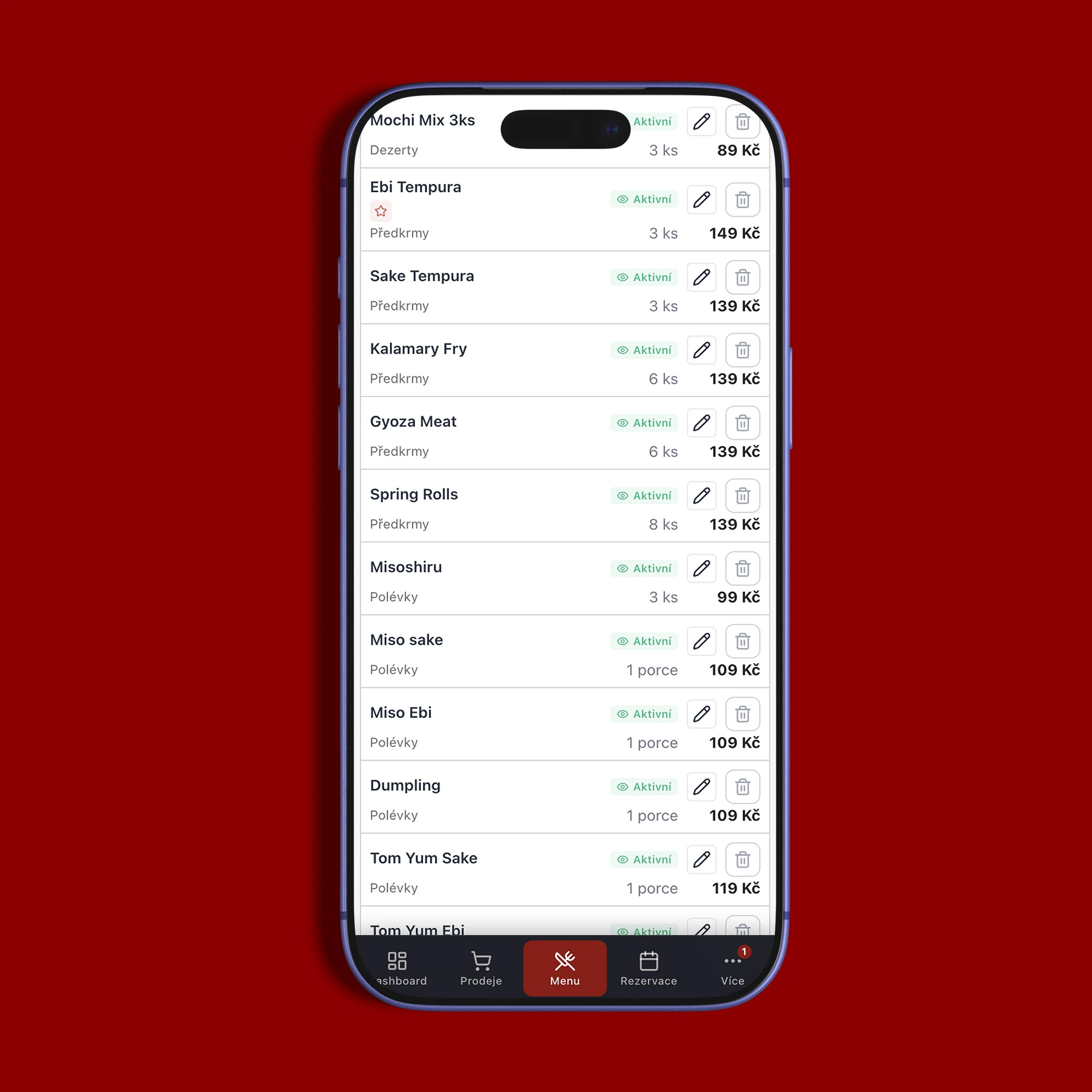 Mobilní správa menu restaurace SAKA SUSHI na telefonu se seznamem položek, cenami a přepínači dostupnosti