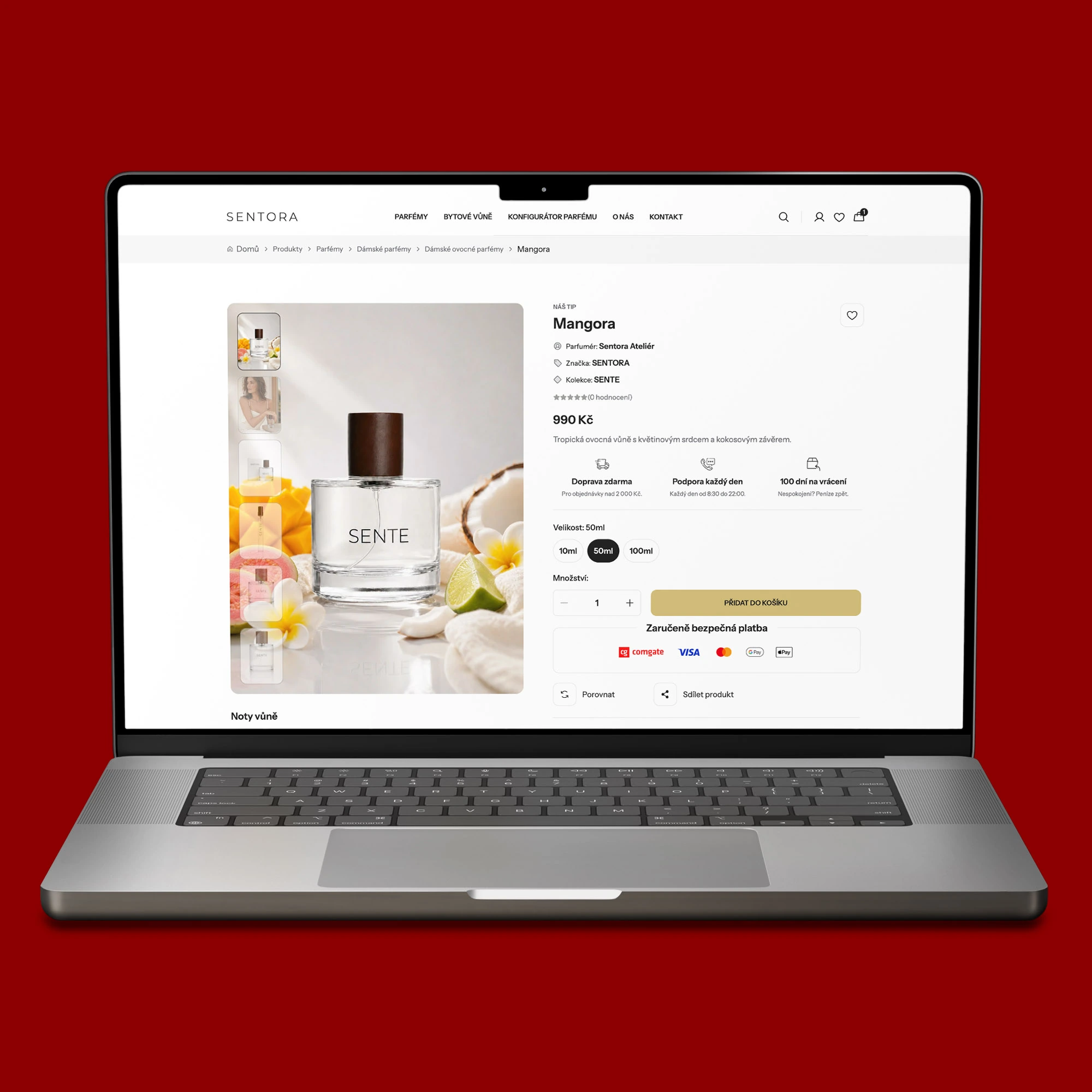 Detail produktu parfému Mangora v e-shopu SENTORA na notebooku MacBook s cenou, variantami a platebními metodami