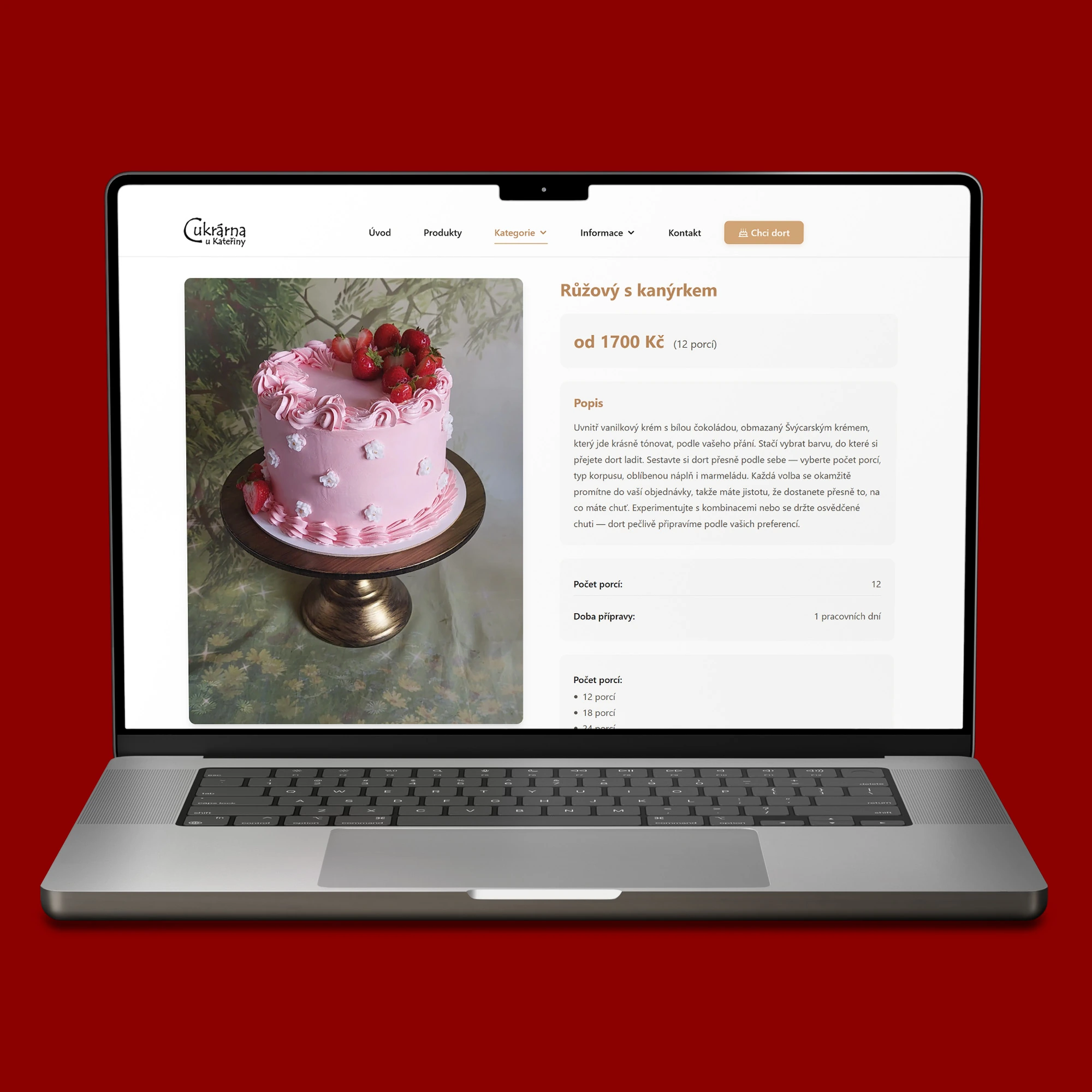 Objednávkový systém cukrárny zobrazený na notebooku MacBook s formulářem a správou zakázek