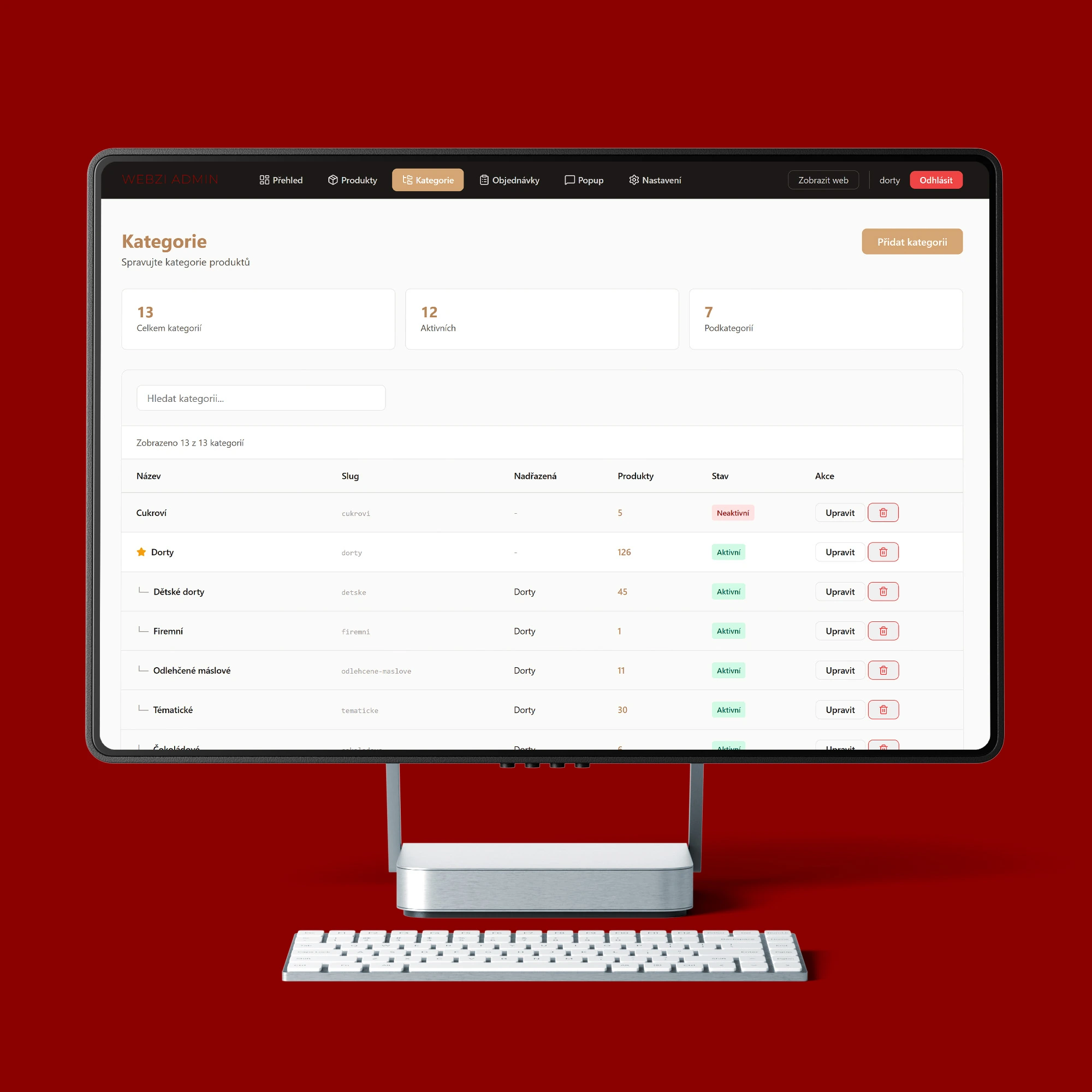 Desktopová verze webu cukrárny na monitoru s nabídkou produktů a objednávkovým rozhraním