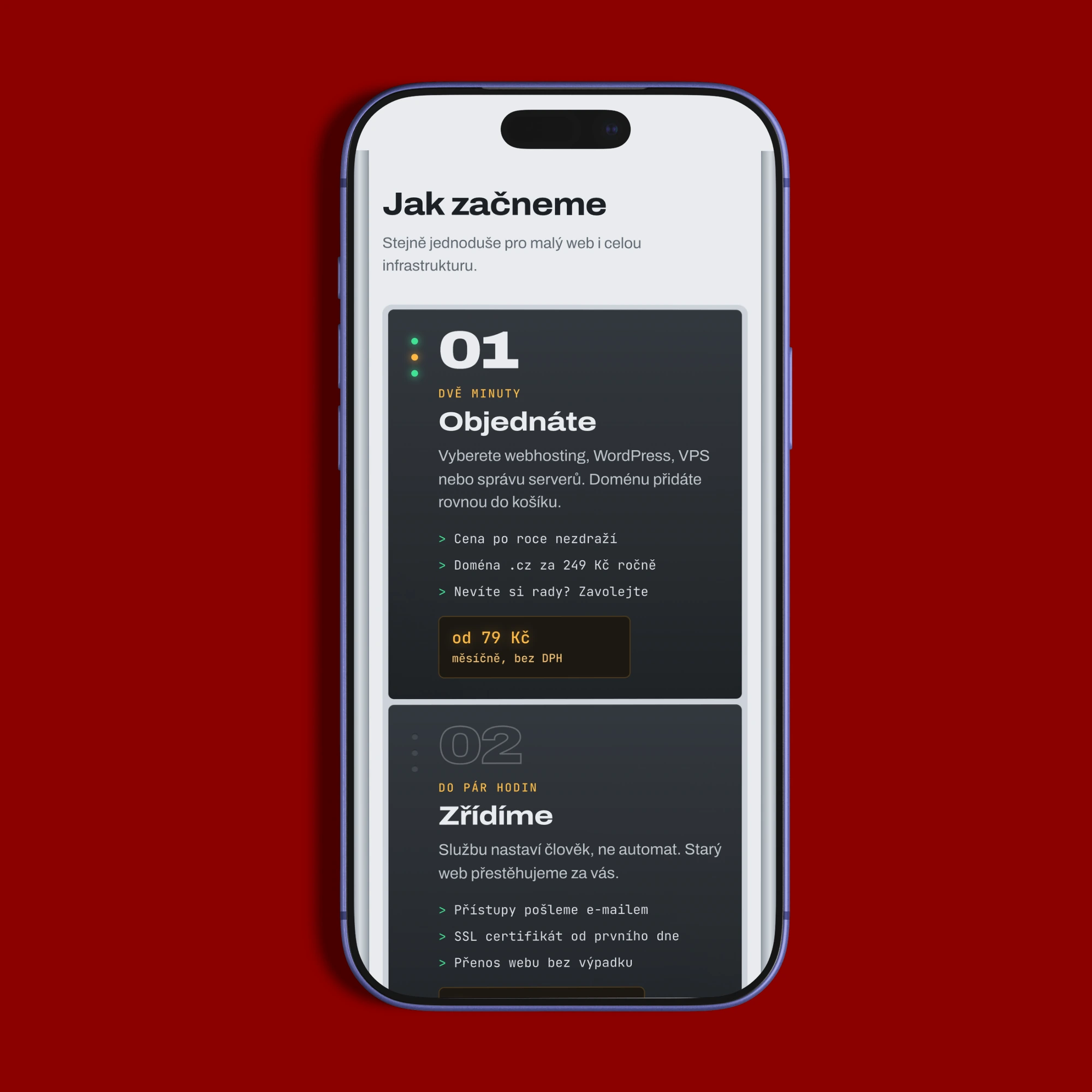 Mobilní verze webu SERVEROS na iPhonu se sekcí Jak začneme a kroky Objednáte a Zřídíme