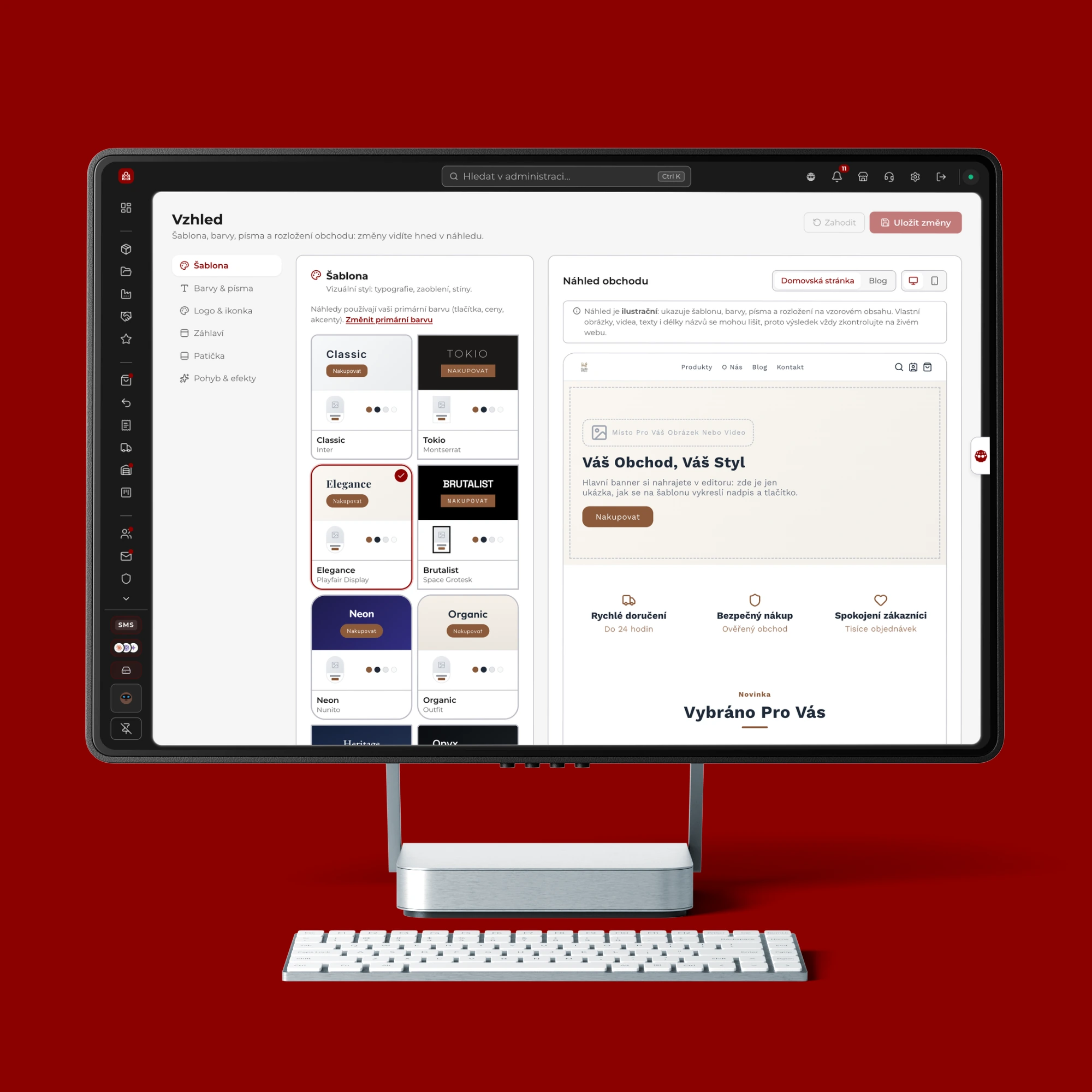 Výběr šablon a živý náhled obchodu v sekci Vzhled administrace SHOPZI na monitoru iMac