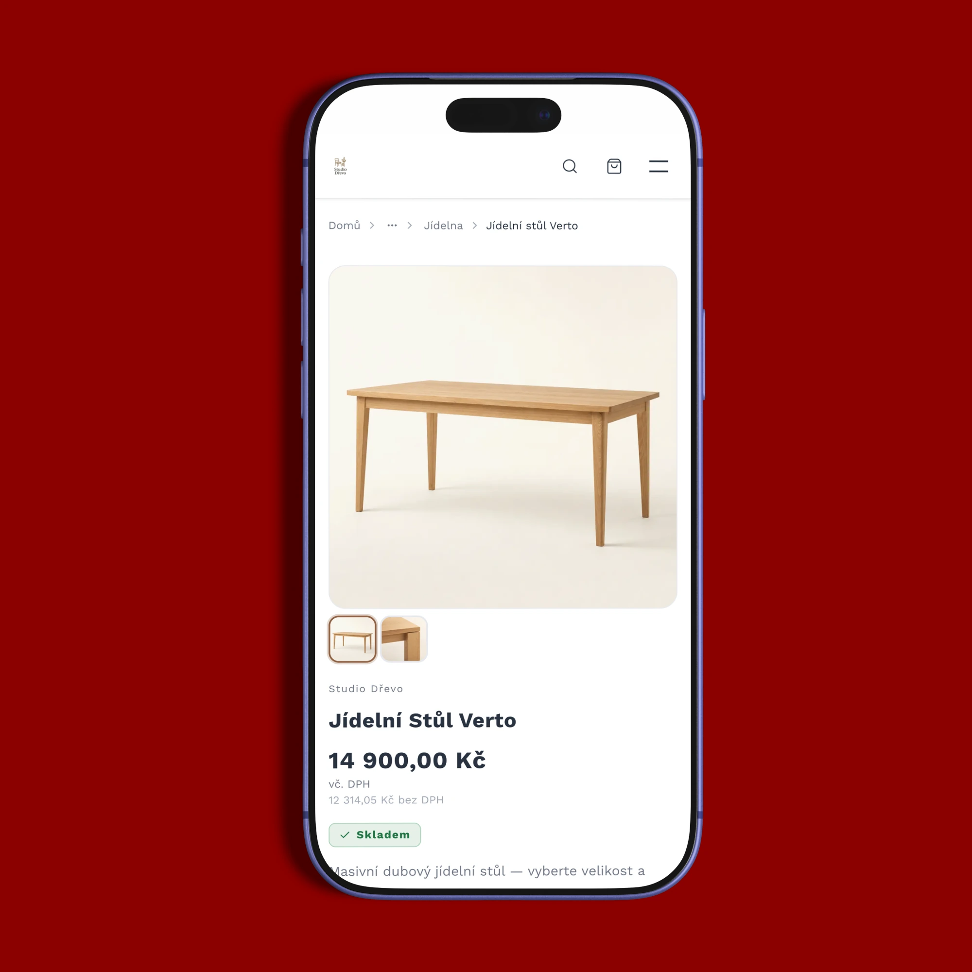 Detail produktu v e-shopu na platformě SHOPZI na iPhonu s galerií, cenou s DPH i bez DPH a dostupností skladem