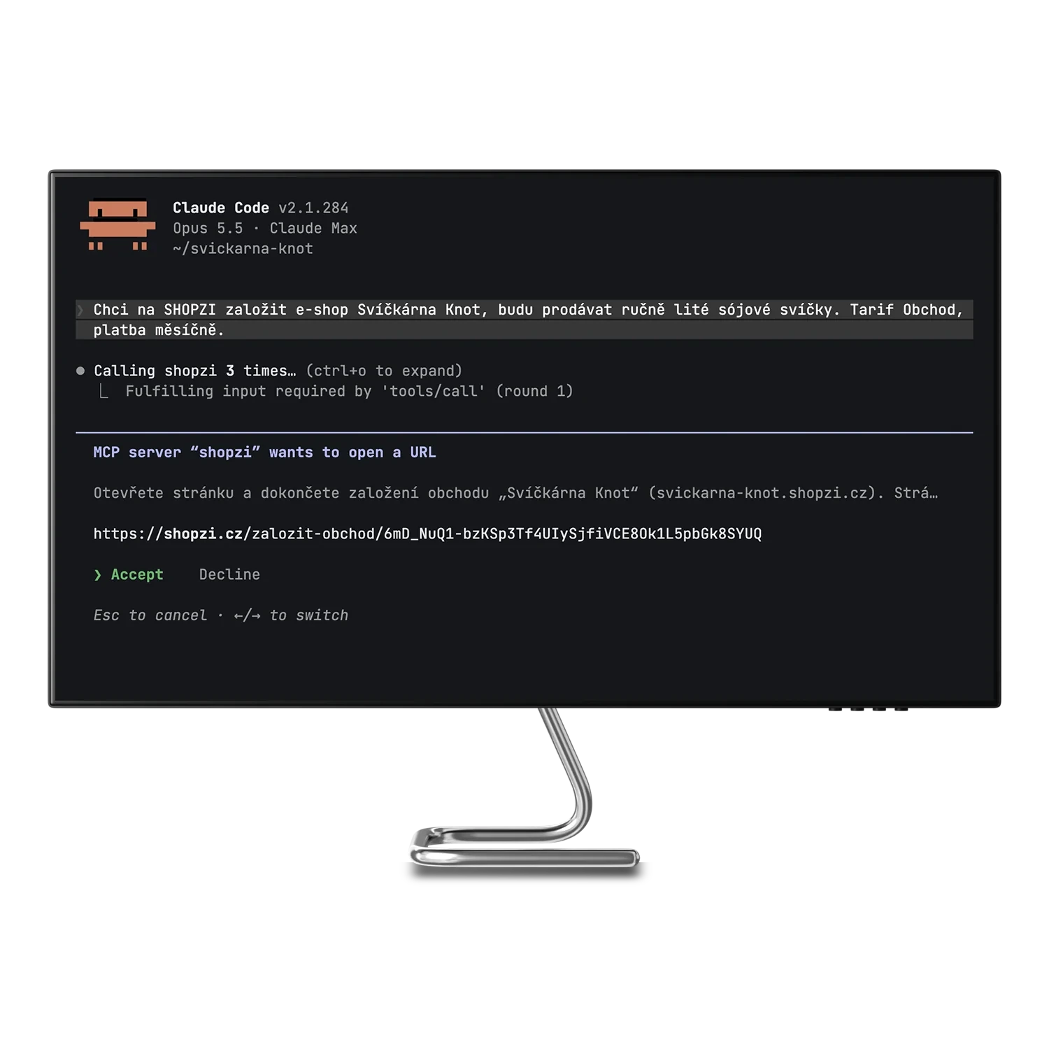Claude Code na monitoru volá nástroje MCP serveru SHOPZI a zakládá z konverzace nový e-shop Svíčkárna Knot Claude Code na monitoru volá nástroje MCP serveru SHOPZI a zakládá z konverzace nový e-shop Svíčkárna Knot