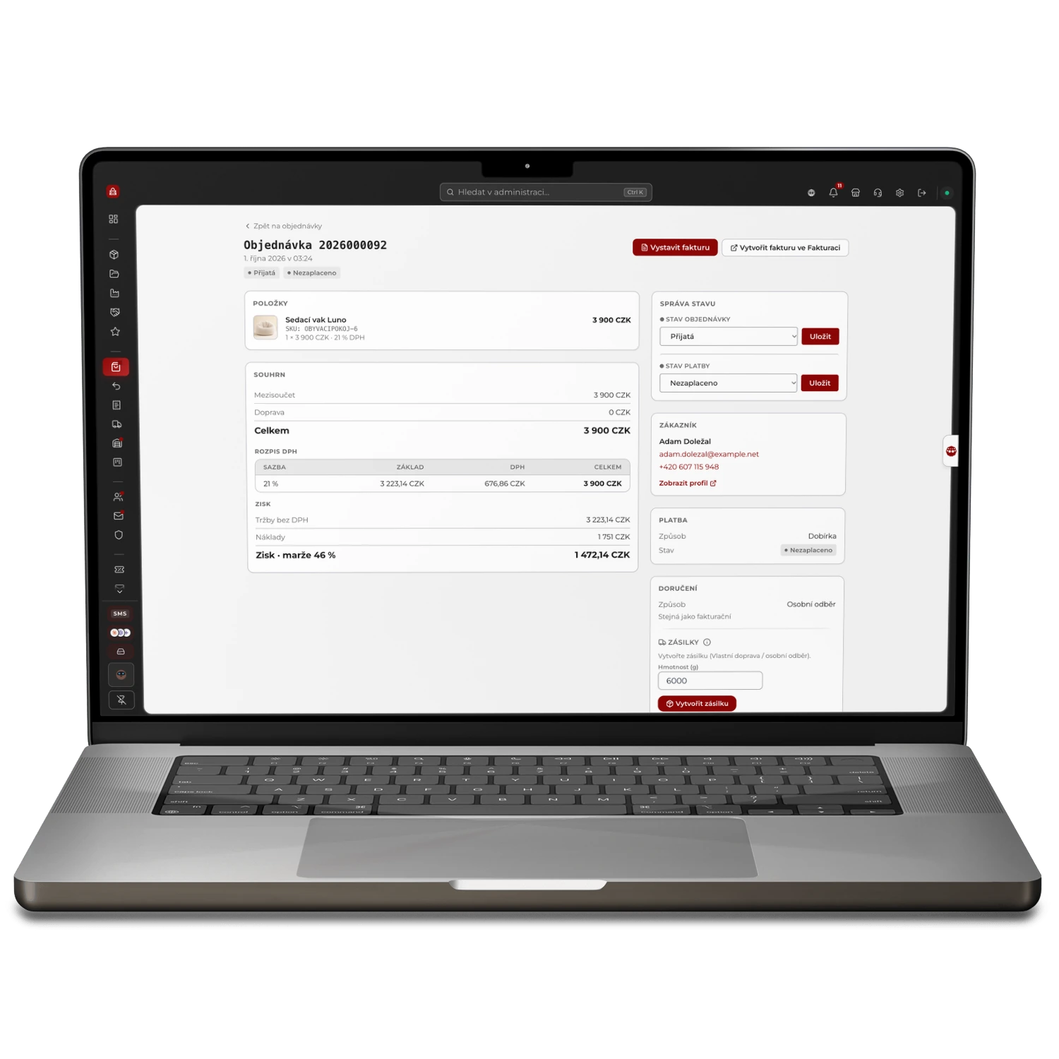 Detail objednávky v administraci SHOPZI na MacBooku s rozpisem DPH, maržou, vystavením faktury a vytvořením zásilky Detail objednávky v administraci SHOPZI na MacBooku s rozpisem DPH, maržou, vystavením faktury a vytvořením zásilky
