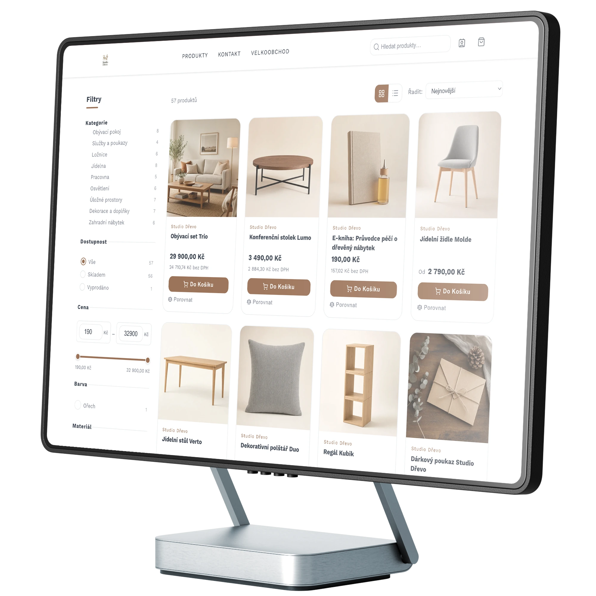 E-shop s nábytkem na platformě SHOPZI na monitoru: výpis produktů s filtry, cenami a tlačítky Do košíku E-shop s nábytkem na platformě SHOPZI na monitoru: výpis produktů s filtry, cenami a tlačítky Do košíku