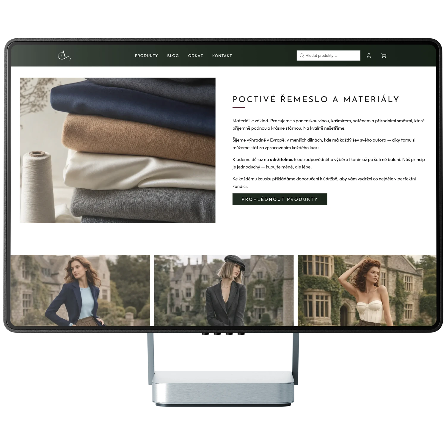 Módní e-shop na platformě SHOPZI na monitoru v jiné šabloně s velkými fotografiemi a sekcí Poctivé řemeslo a materiály Módní e-shop na platformě SHOPZI na monitoru v jiné šabloně s velkými fotografiemi a sekcí Poctivé řemeslo a materiály