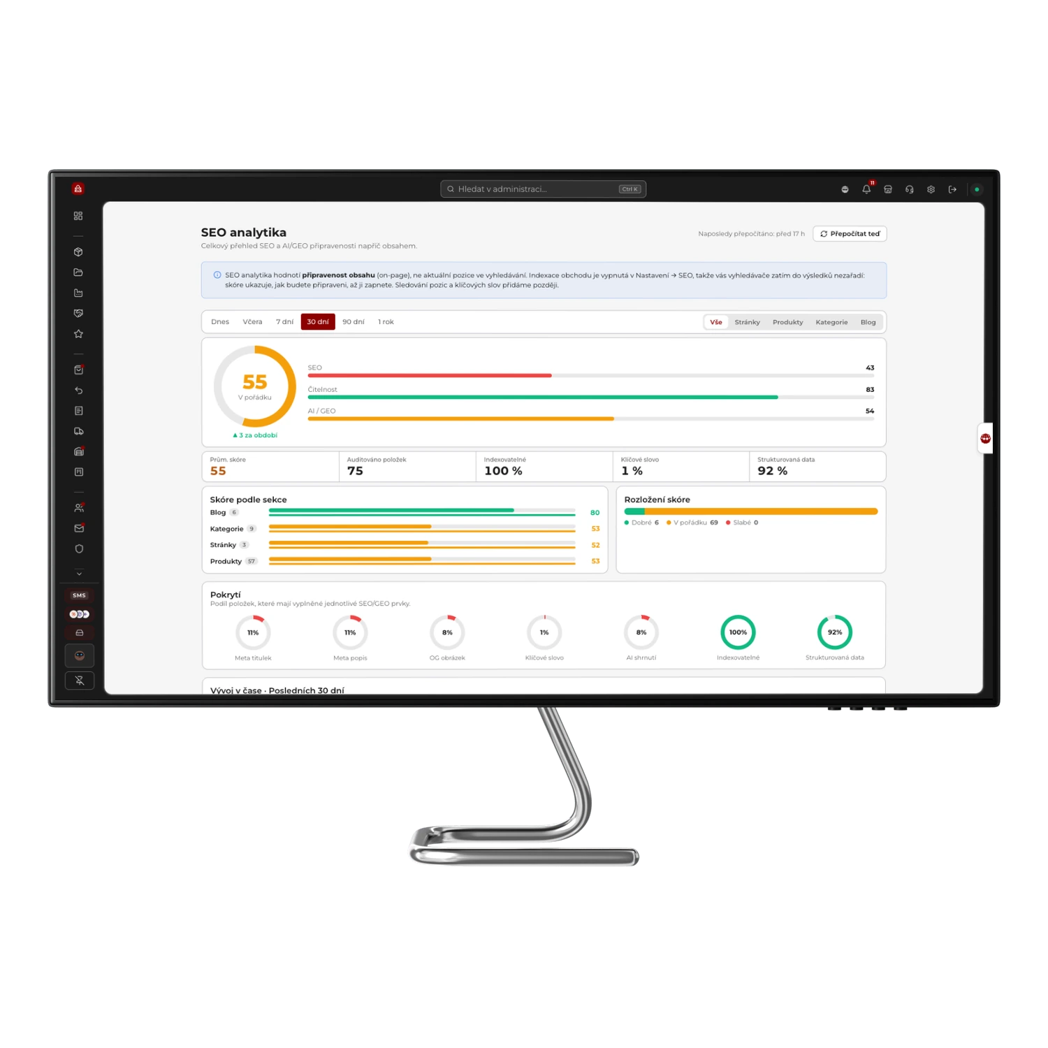SEO analytika v administraci SHOPZI na monitoru se skóre SEO, čitelnosti a připravenosti pro AI vyhledávače SEO analytika v administraci SHOPZI na monitoru se skóre SEO, čitelnosti a připravenosti pro AI vyhledávače