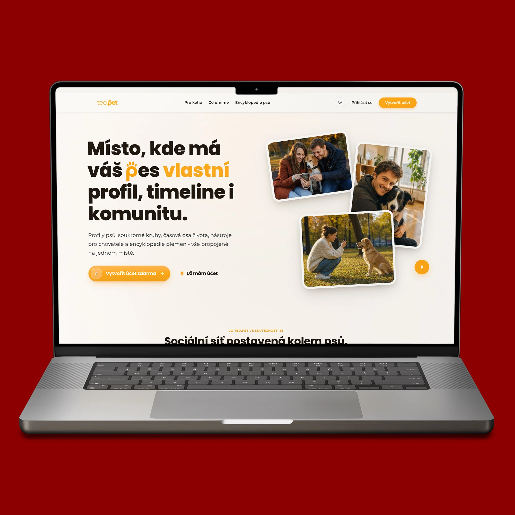 Úvodní stránka sítě ted.pet na notebooku MacBook se sdělením o profilu, timeline a komunitě pro psy
