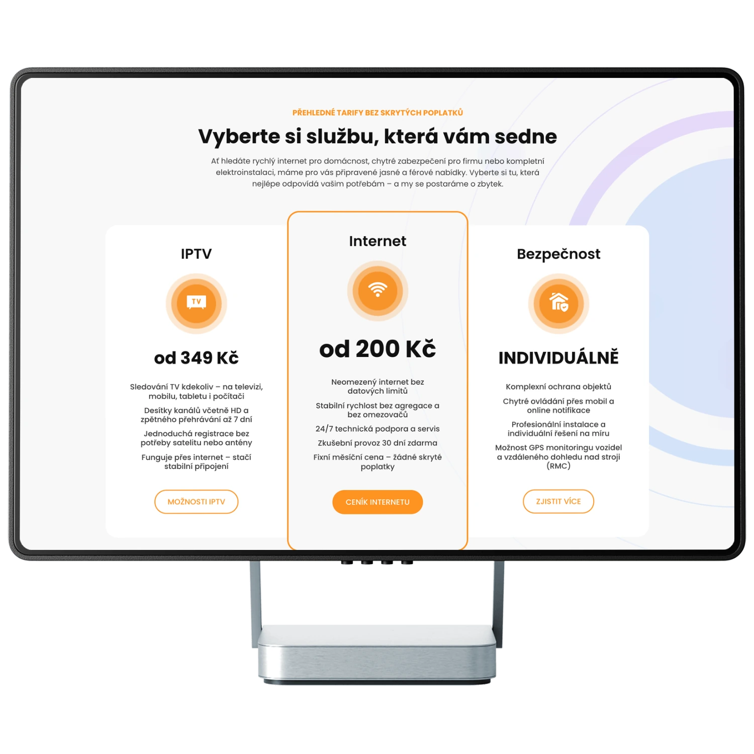 Sekce Vyberte si službu, která vám sedne na webu RAMAŠA na monitoru: tarify IPTV, internetu a zabezpečení s cenami