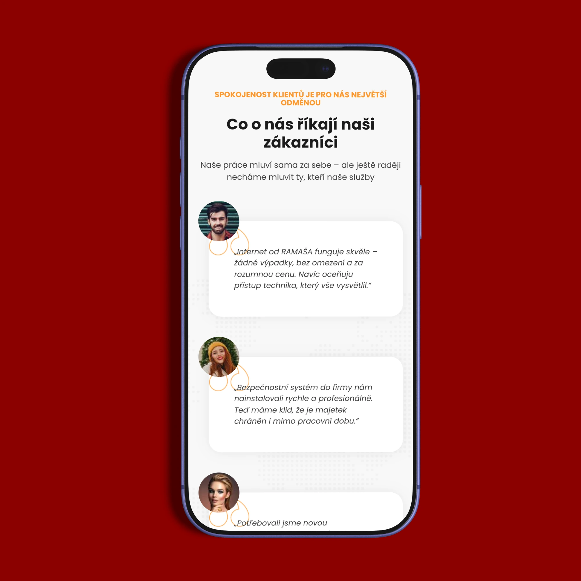 Mobilní verze webu RAMAŠA na iPhonu se sekcí Co o nás říkají naši zákazníci a recenzemi
