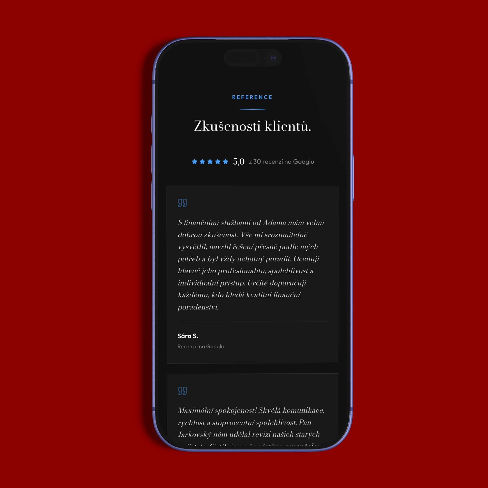 Mobilní verze webu Adama Jarkovského na iPhonu se sekcí Zkušenosti klientů, hodnocením z Googlu a první recenzí