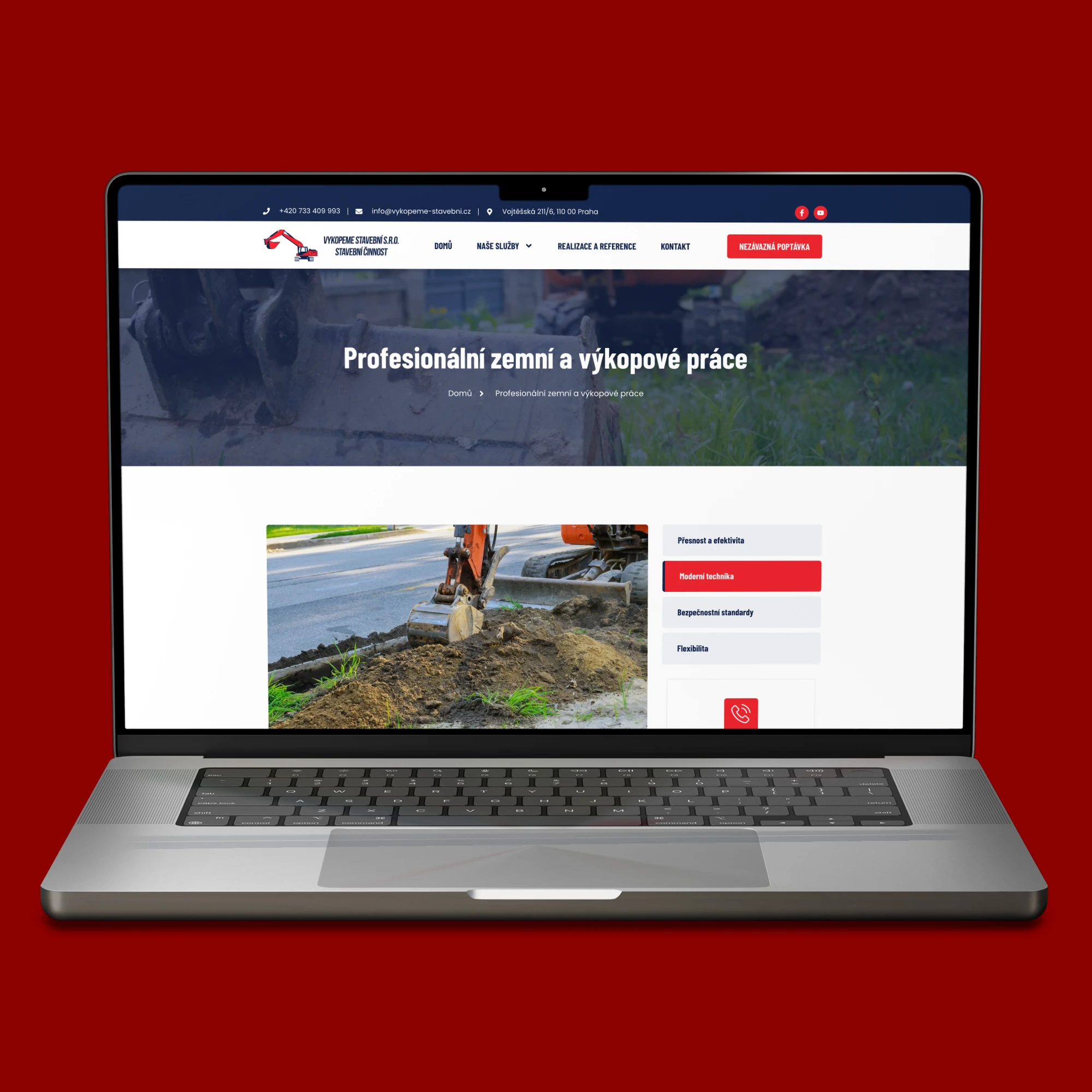 Stránka Profesionální zemní a výkopové práce na webu Vykopeme Stavební na MacBooku s fotografií bagru, popisem služby a navigací mezi službami